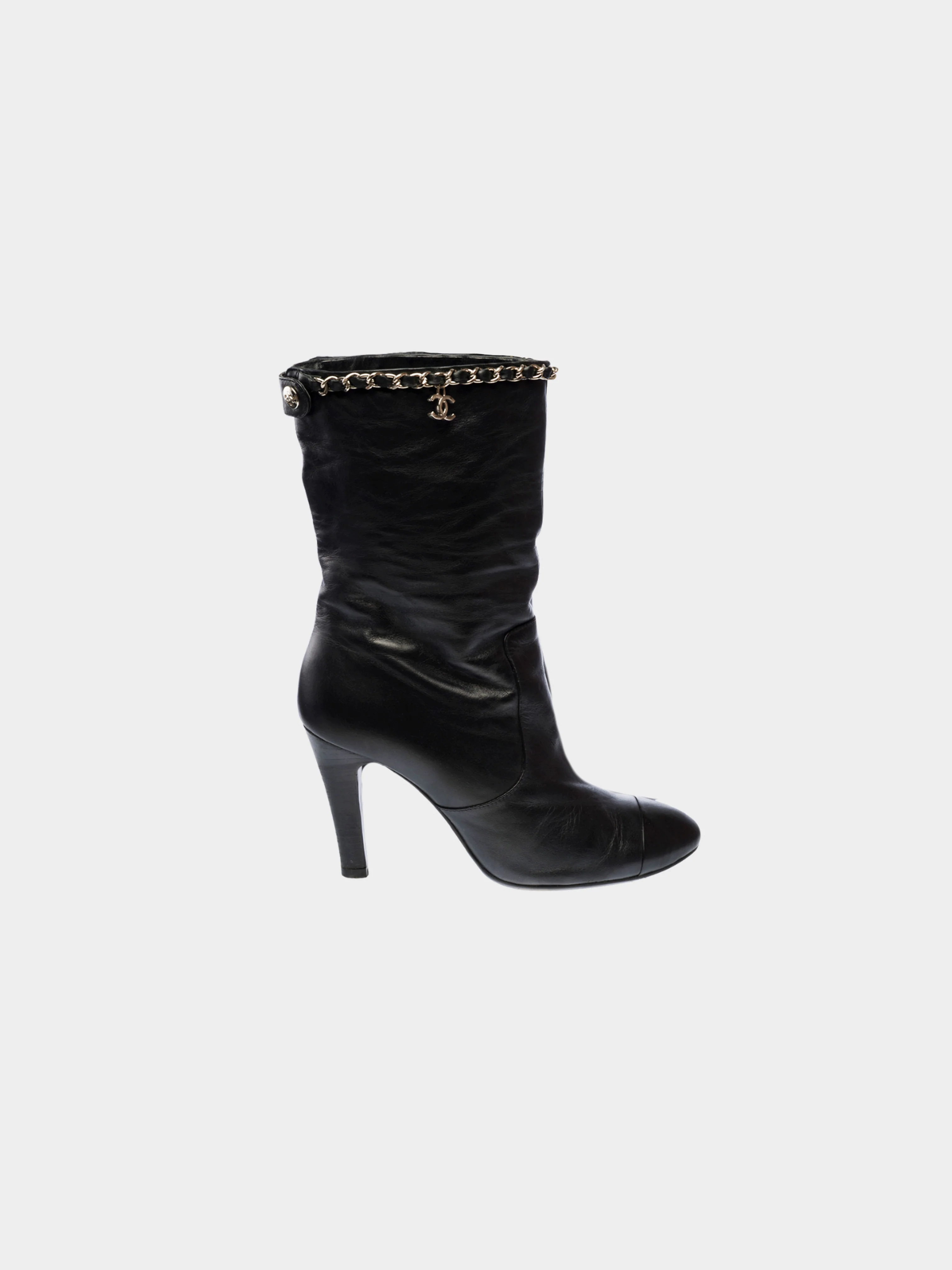 Chanel 2011 Black Silver Chain Black Leather Ankle Boots