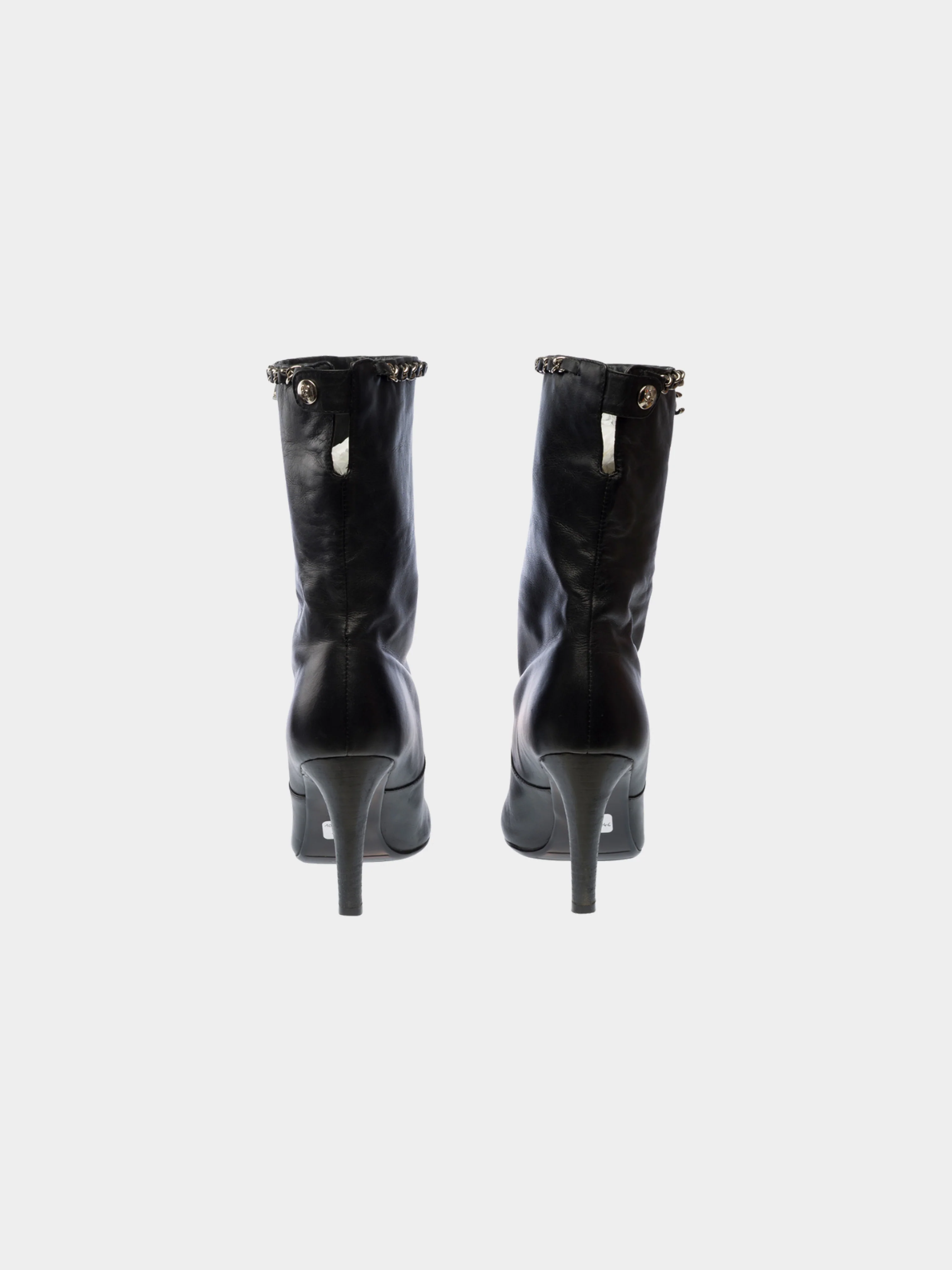 Chanel 2011 Black Silver Chain Black Leather Ankle Boots - Image 2