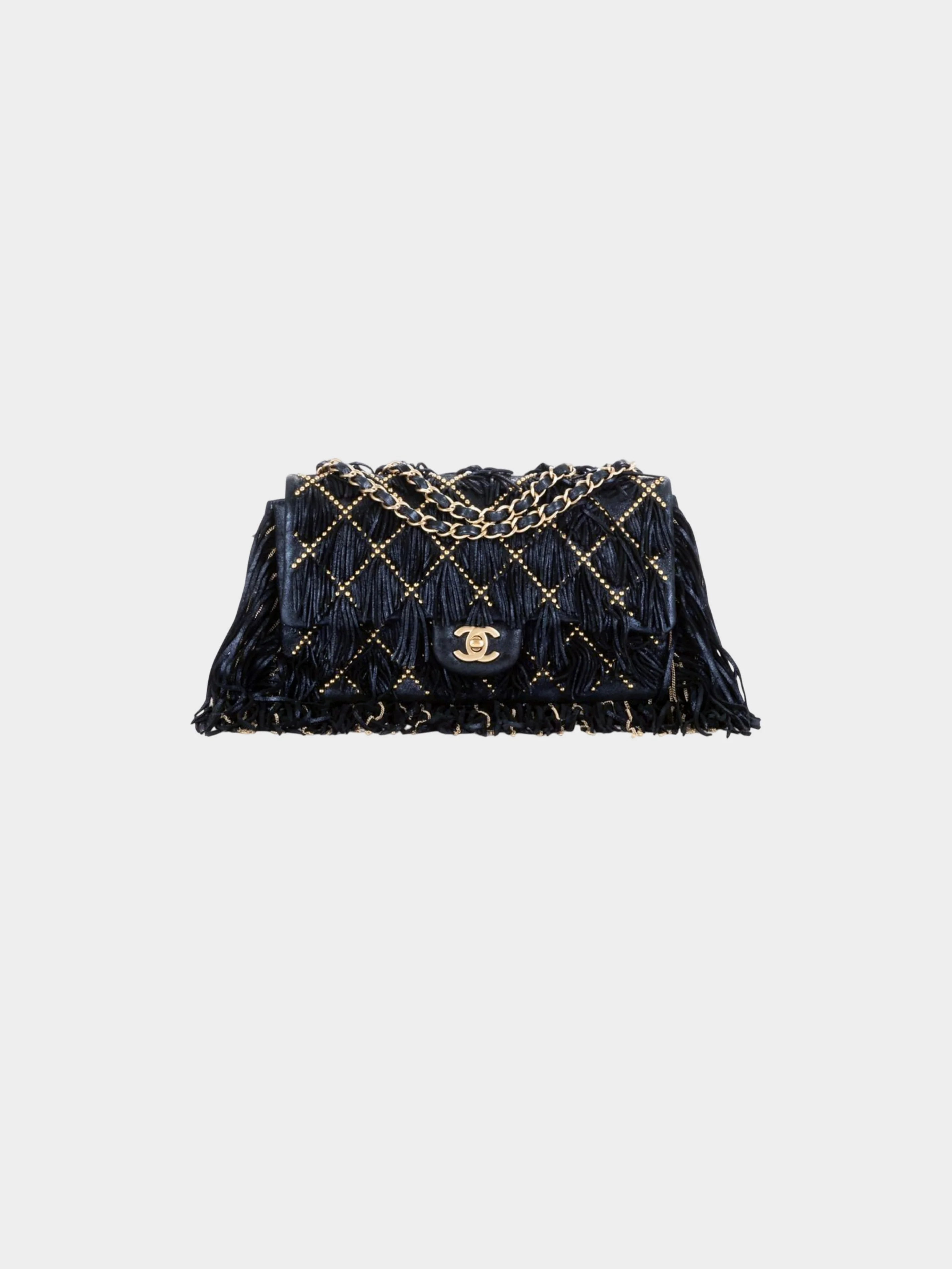 Chanel 2014 Navy and Gold Calfskin Metallic Suede Dallas Fringe Medium Flap Bag
