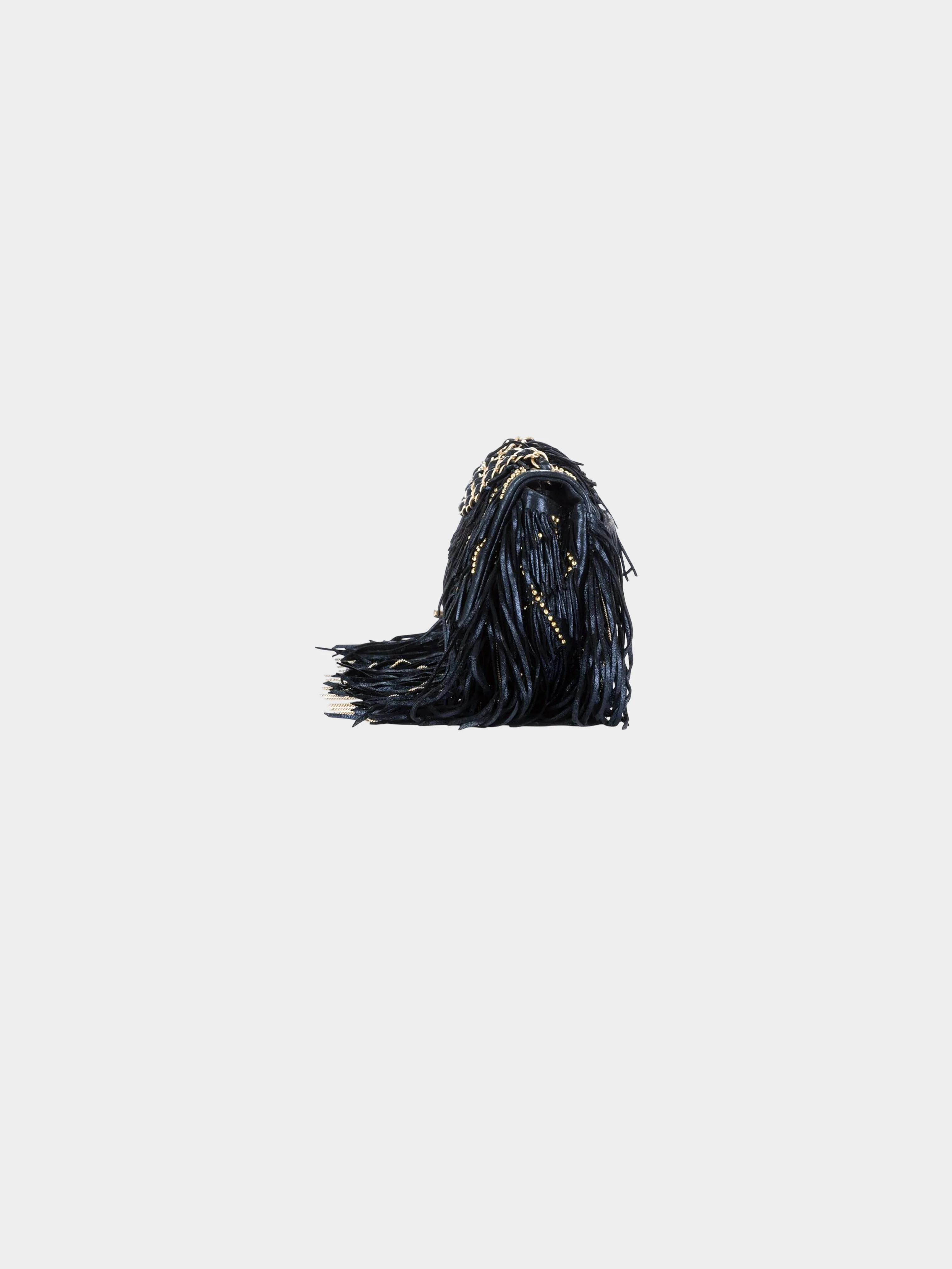 Chanel 2014 Navy and Gold Calfskin Metallic Suede Dallas Fringe Medium Flap Bag - Image 3
