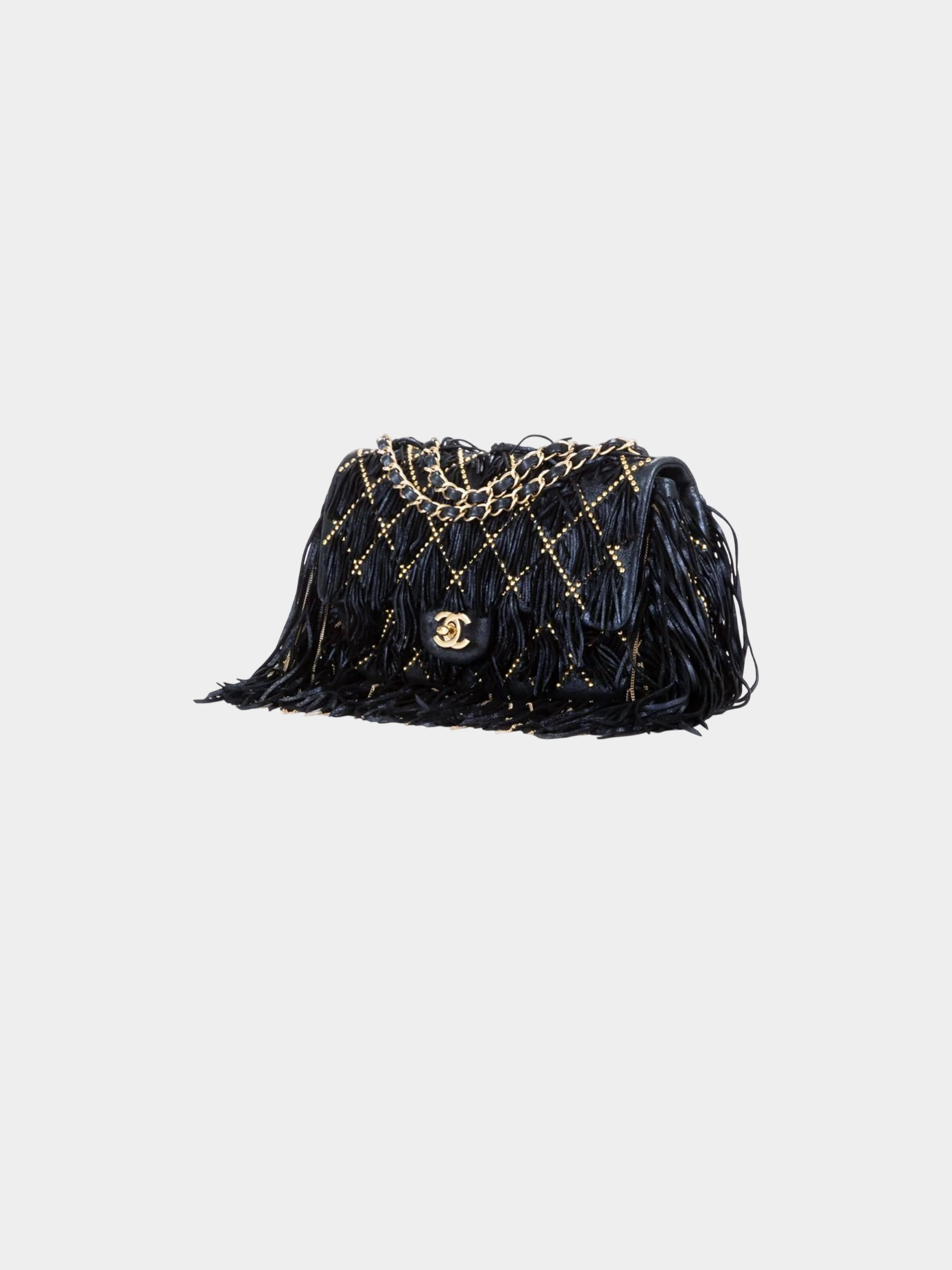 Chanel 2014 Navy and Gold Calfskin Metallic Suede Dallas Fringe Medium Flap Bag - Image 4