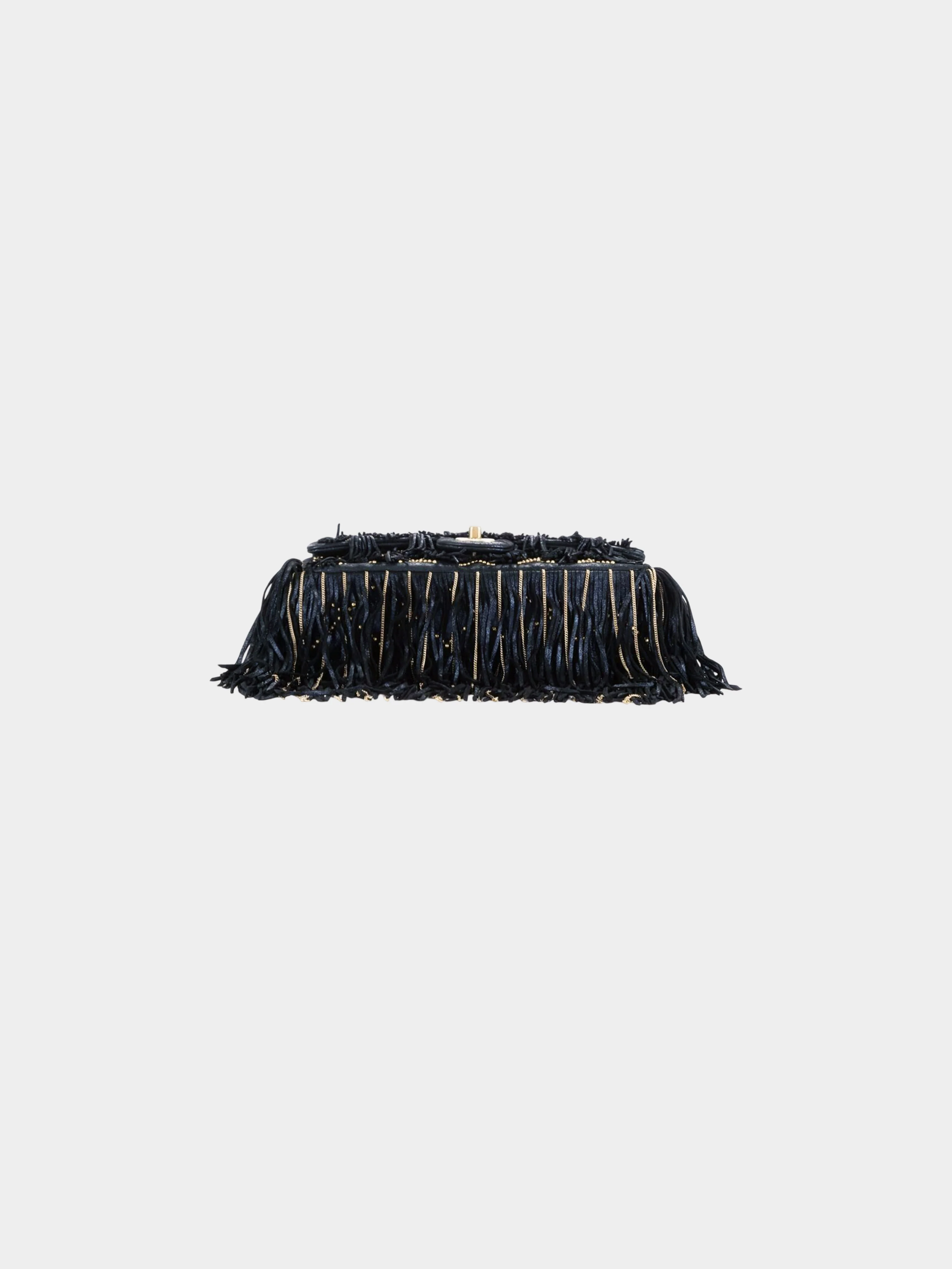 Chanel 2014 Navy and Gold Calfskin Metallic Suede Dallas Fringe Medium Flap Bag - Image 5