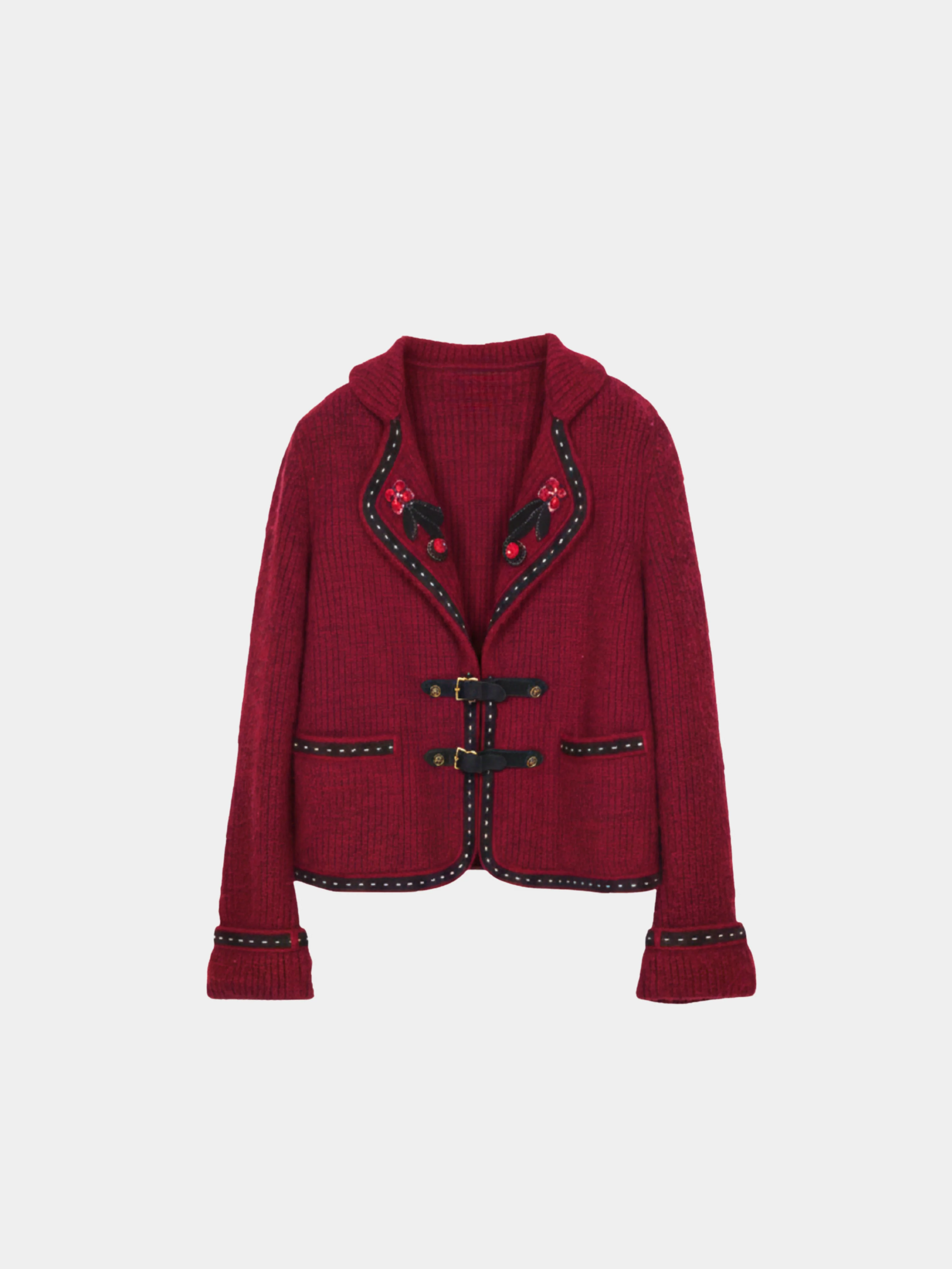 Chanel 2015 Berry Red Floral Embroidered Two-Pocket Jacket