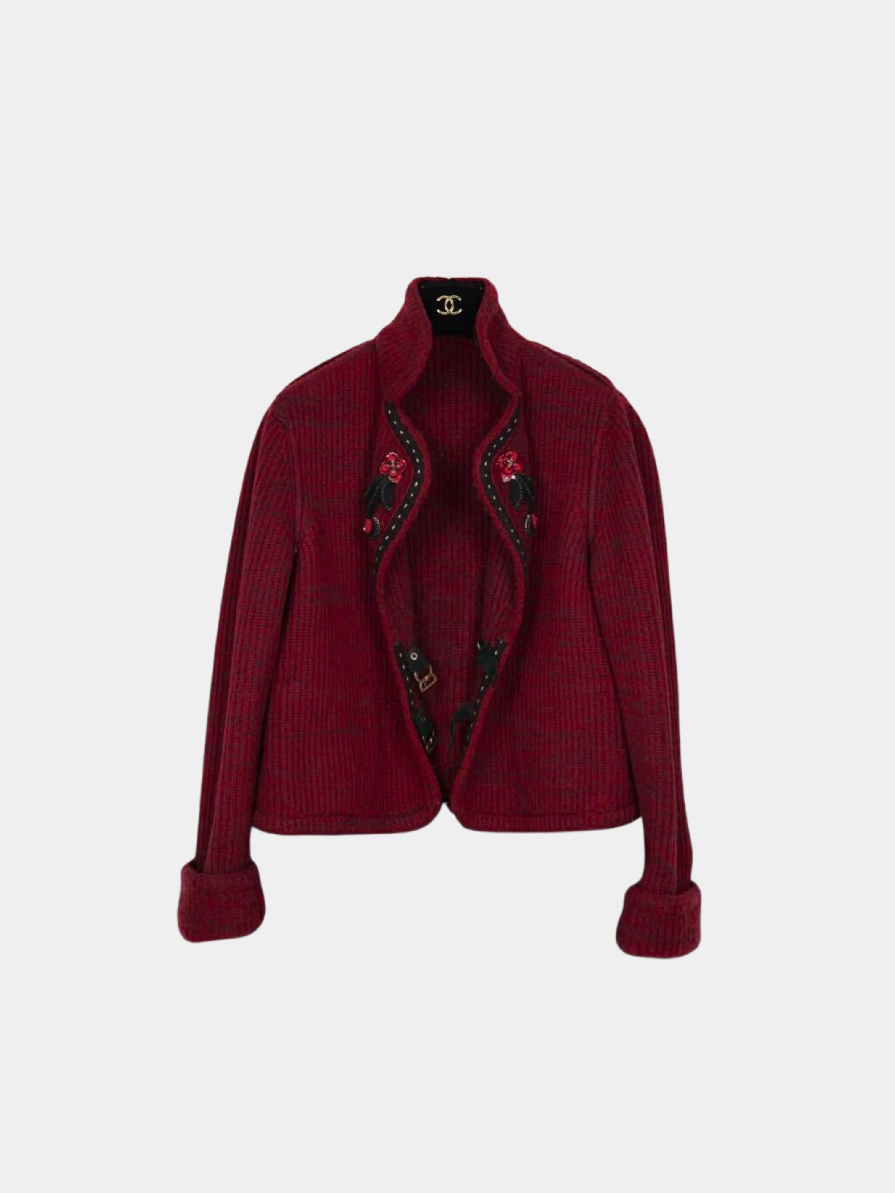Chanel 2015 Berry Red Floral Embroidered Two-Pocket Jacket - Image 3