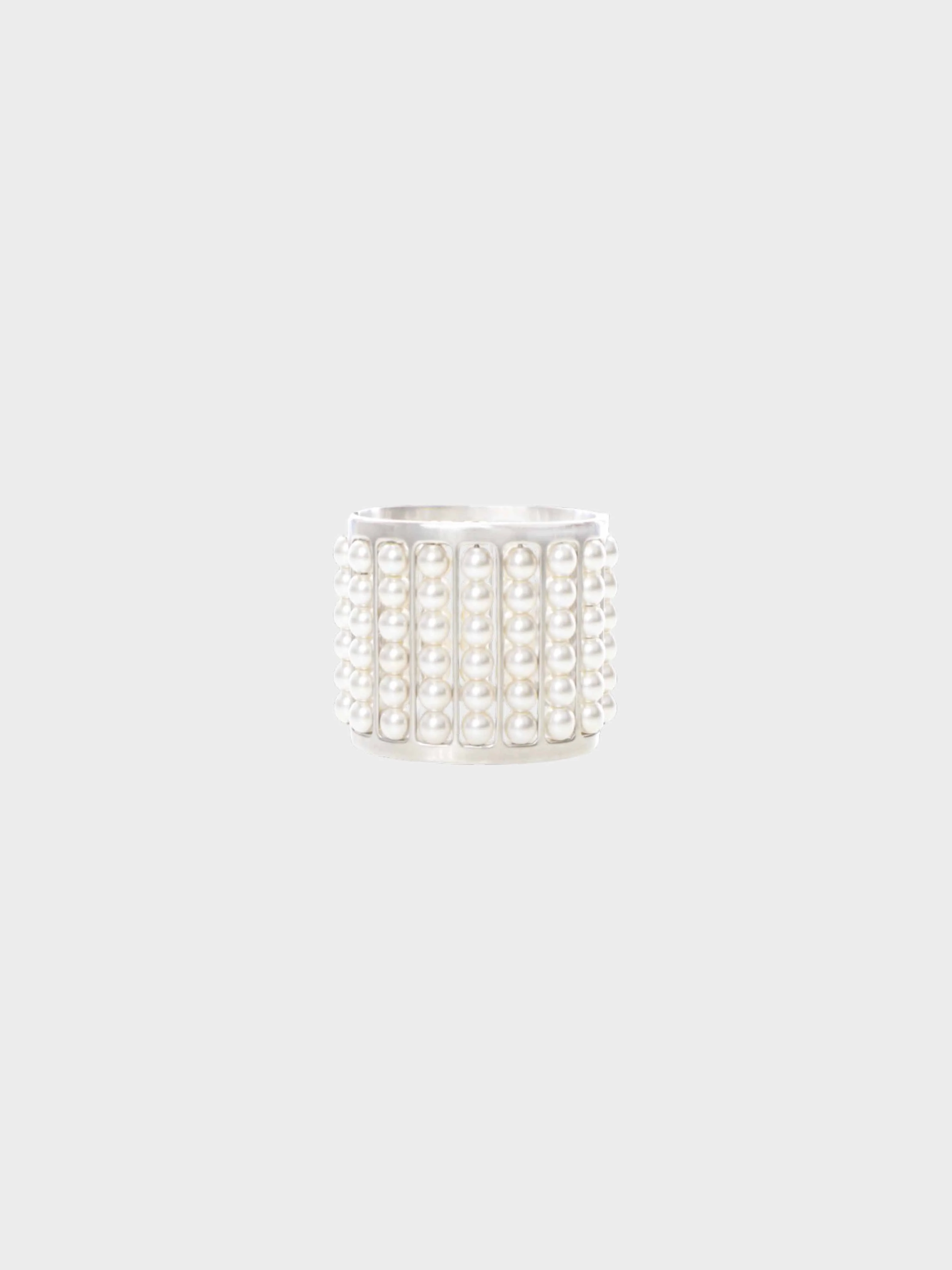 Chanel 2015 Silver Metal and Faux Pearls Wide Cuff Bracelet