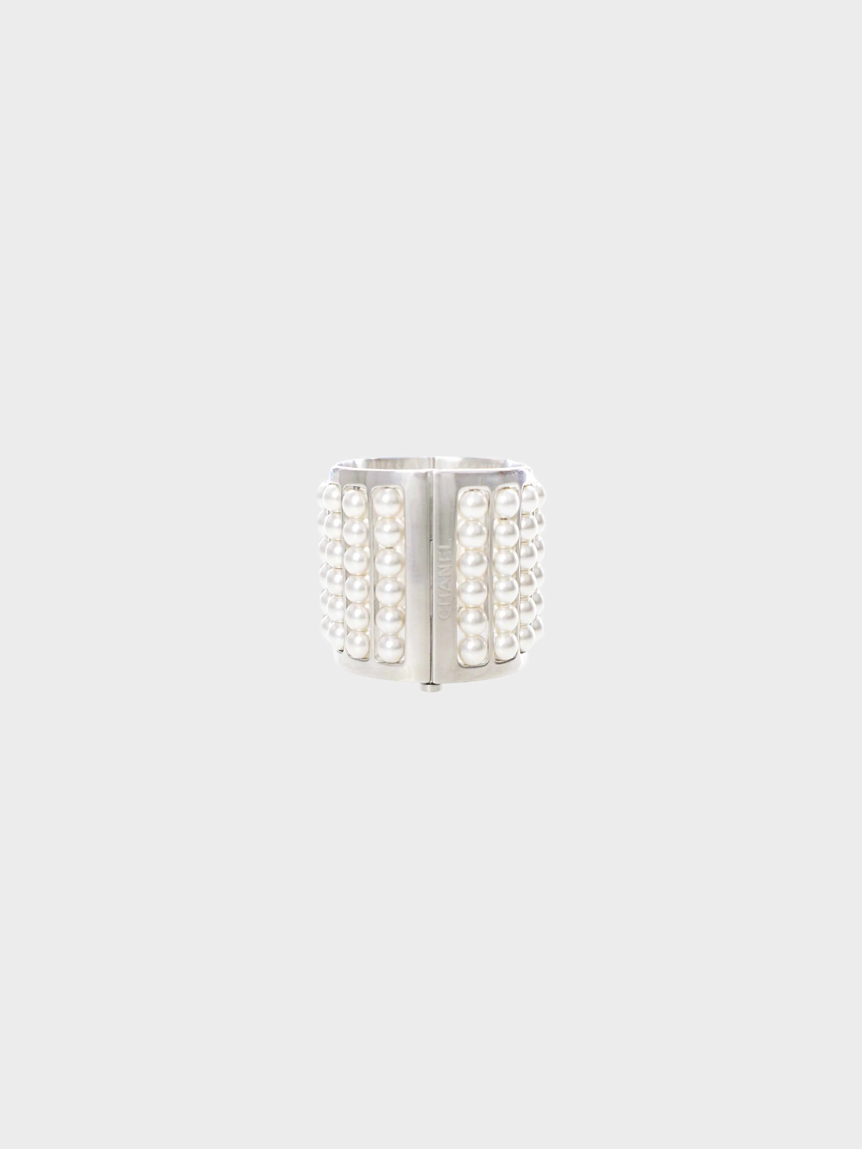 Chanel 2015 Silver Metal and Faux Pearls Wide Cuff Bracelet - Image 2