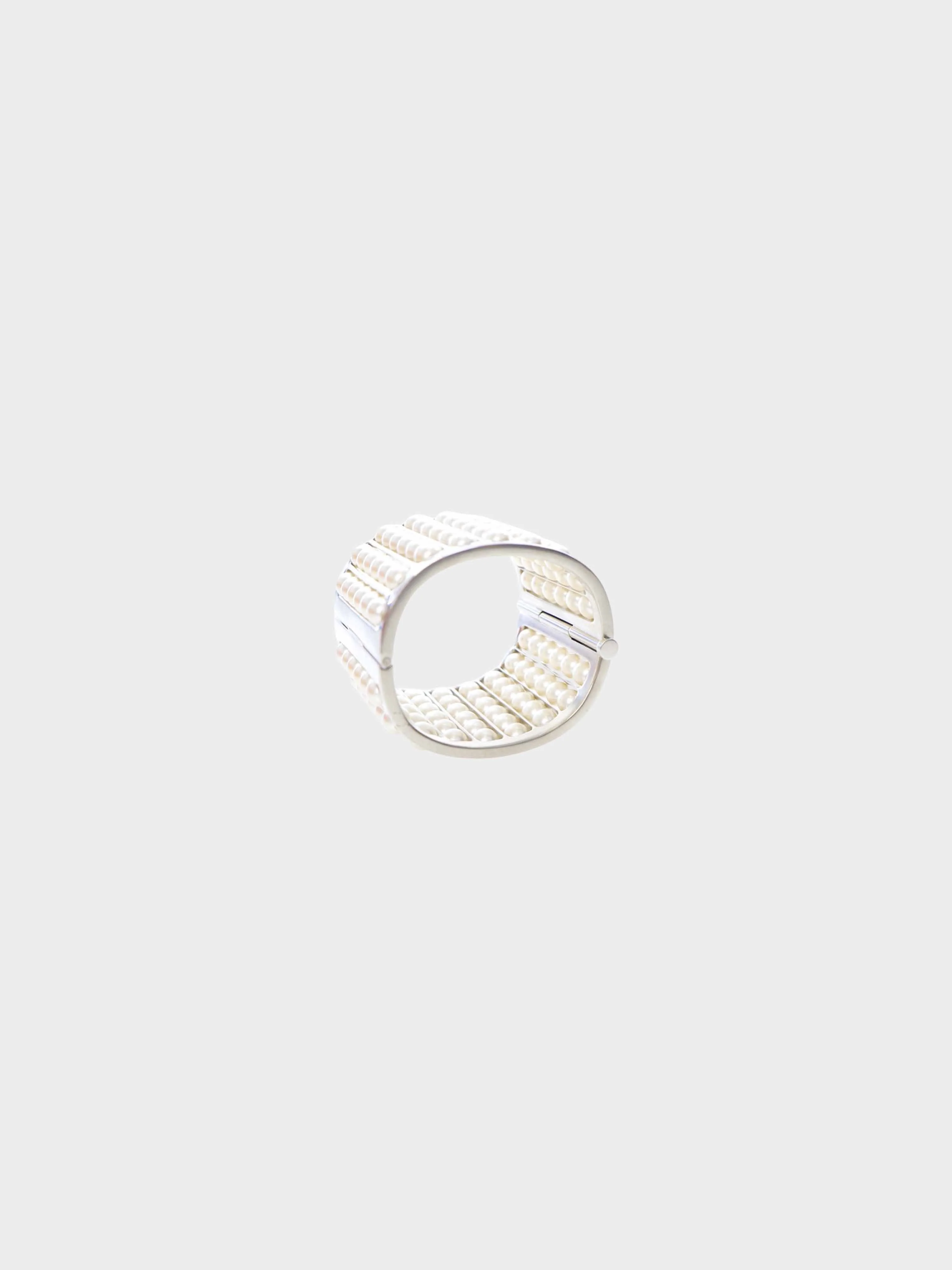 Chanel 2015 Silver Metal and Faux Pearls Wide Cuff Bracelet - Image 3