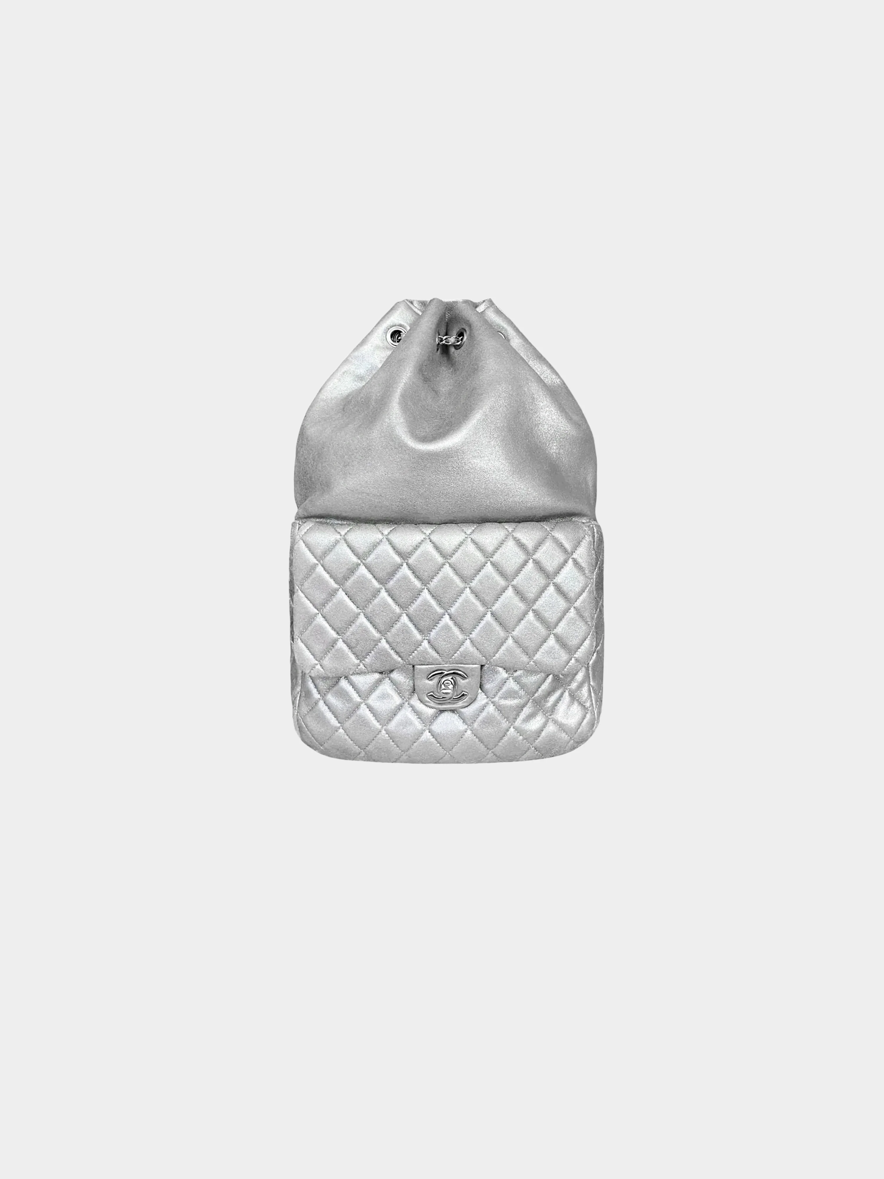 Chanel 2016 Silver Metallic Lambskin Leather Quilted Large In Seoul Backpack