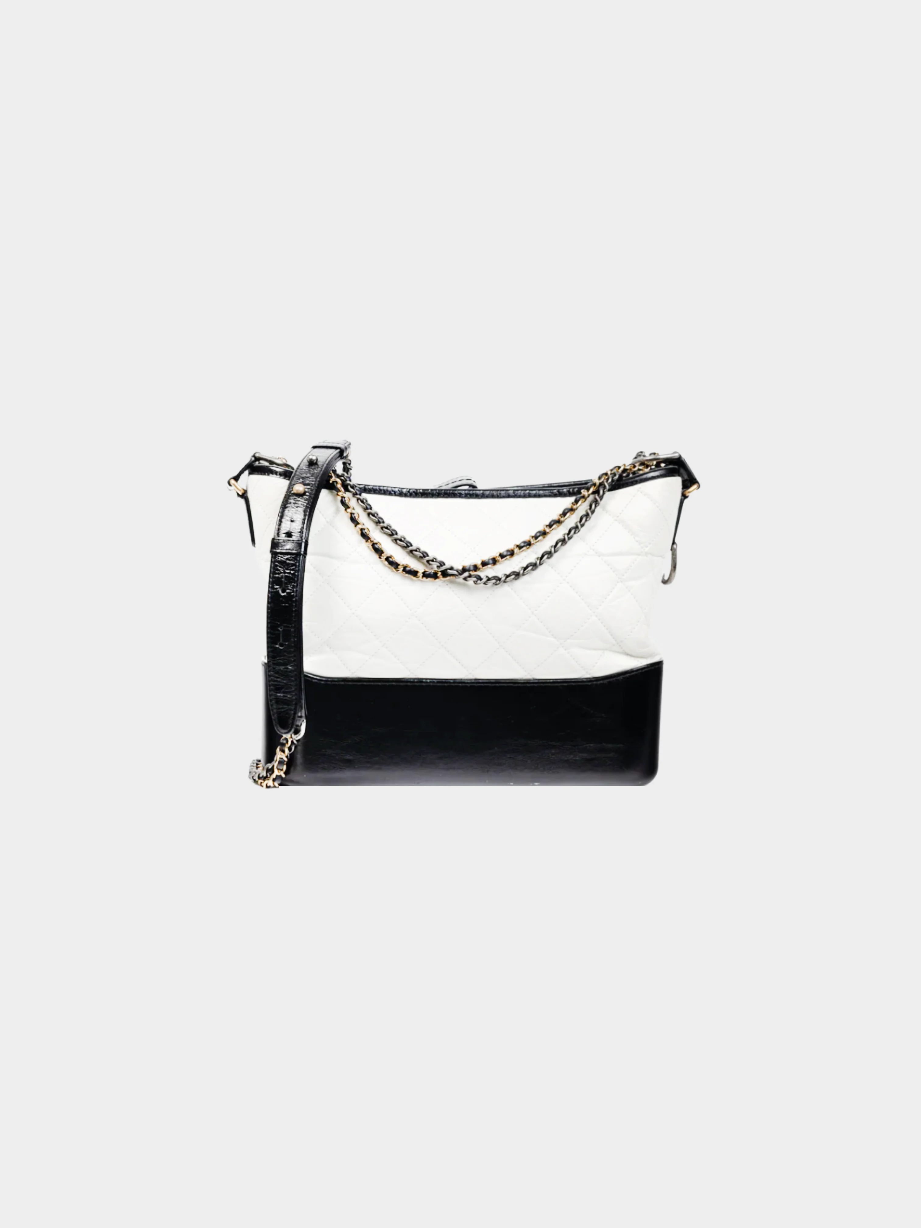 Chanel 2018 Medium Gabrielle Hobo White & Black Aged Calfskin Quilted-Leather Shoulder Bag