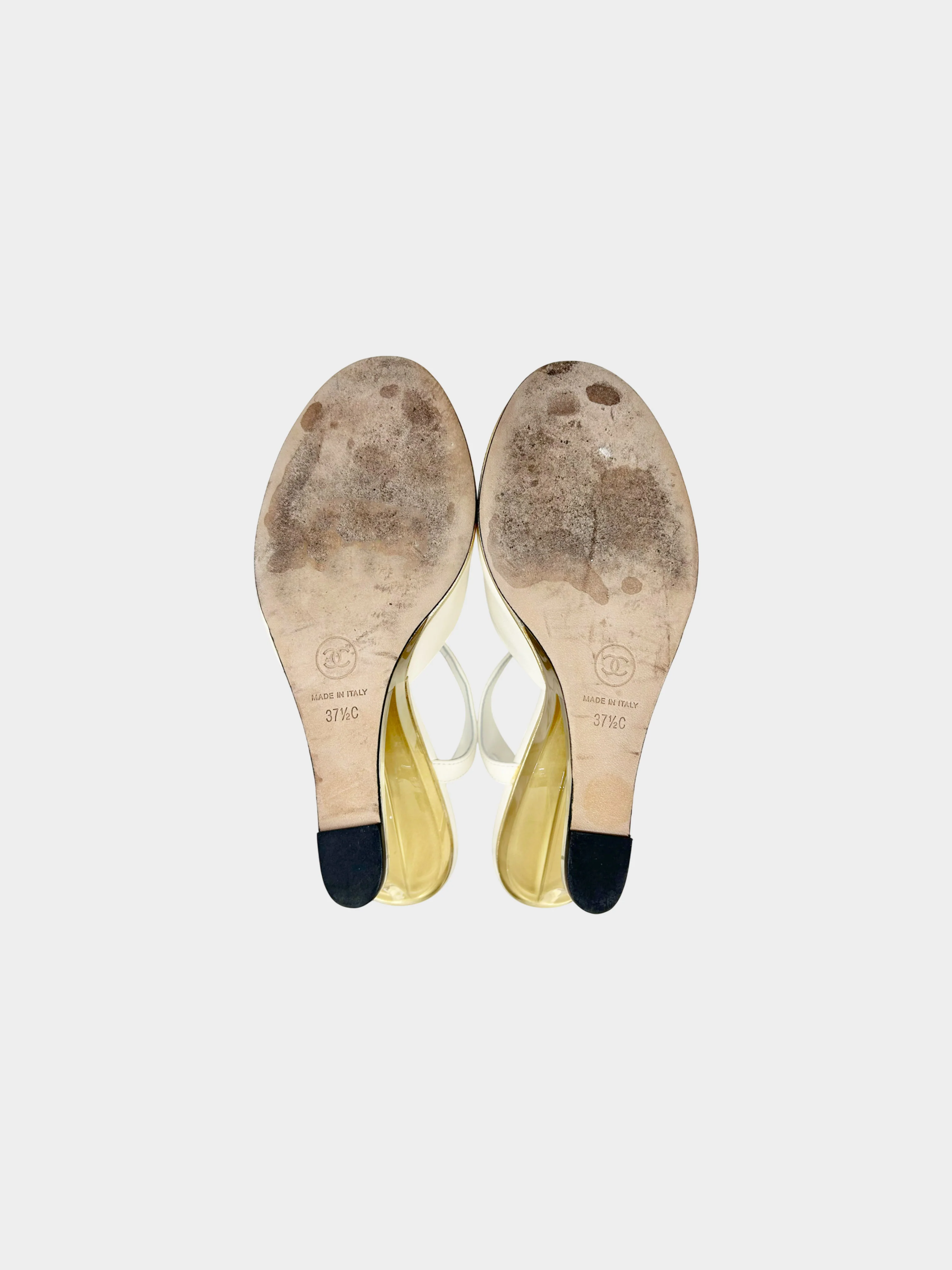 Chanel 2020 Ivory Leather Lucite Logo Wedges  Heels - Image 3