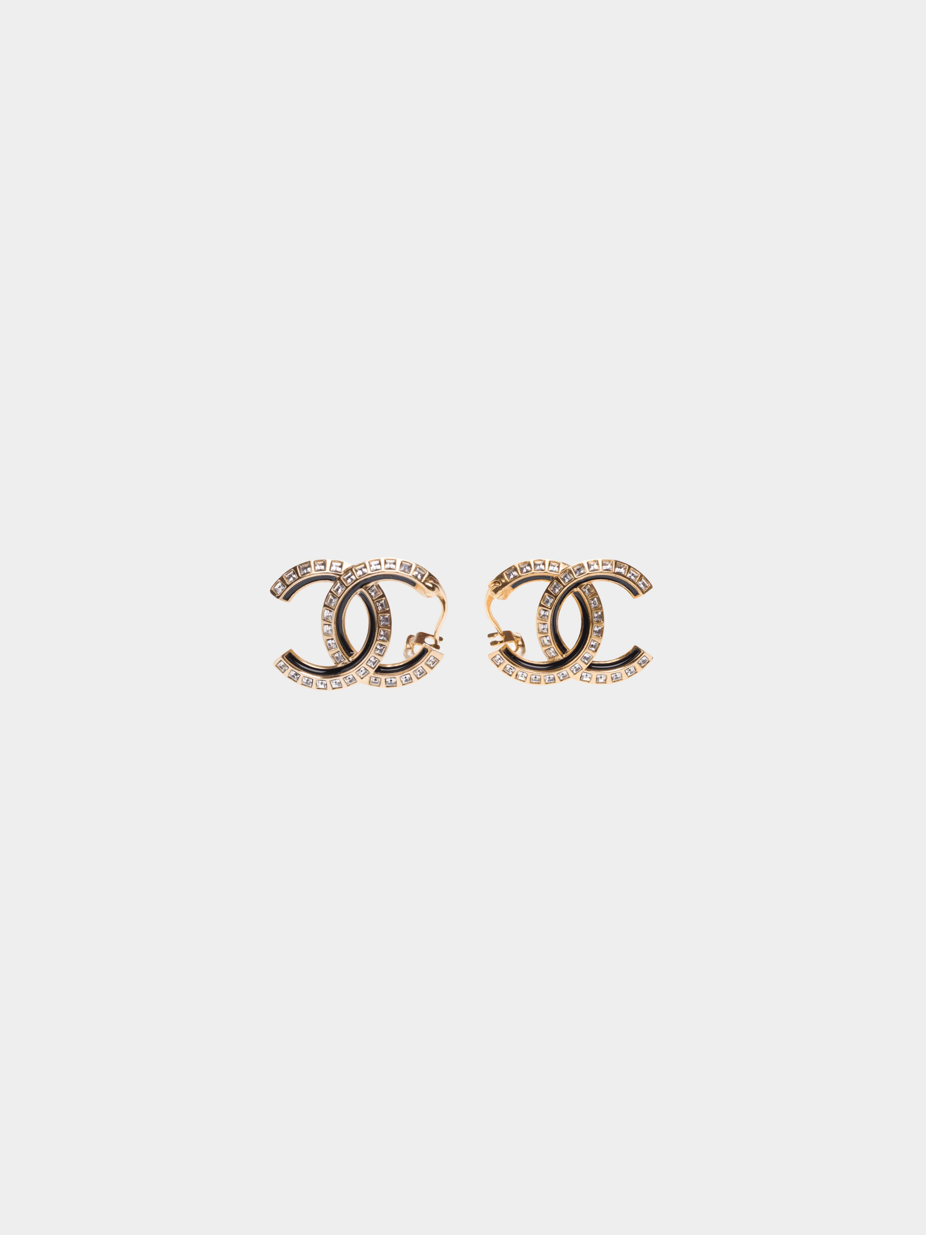 Chanel 2020s Black Enamel and Gold Hardware Crystal CC Earrings - Image 2