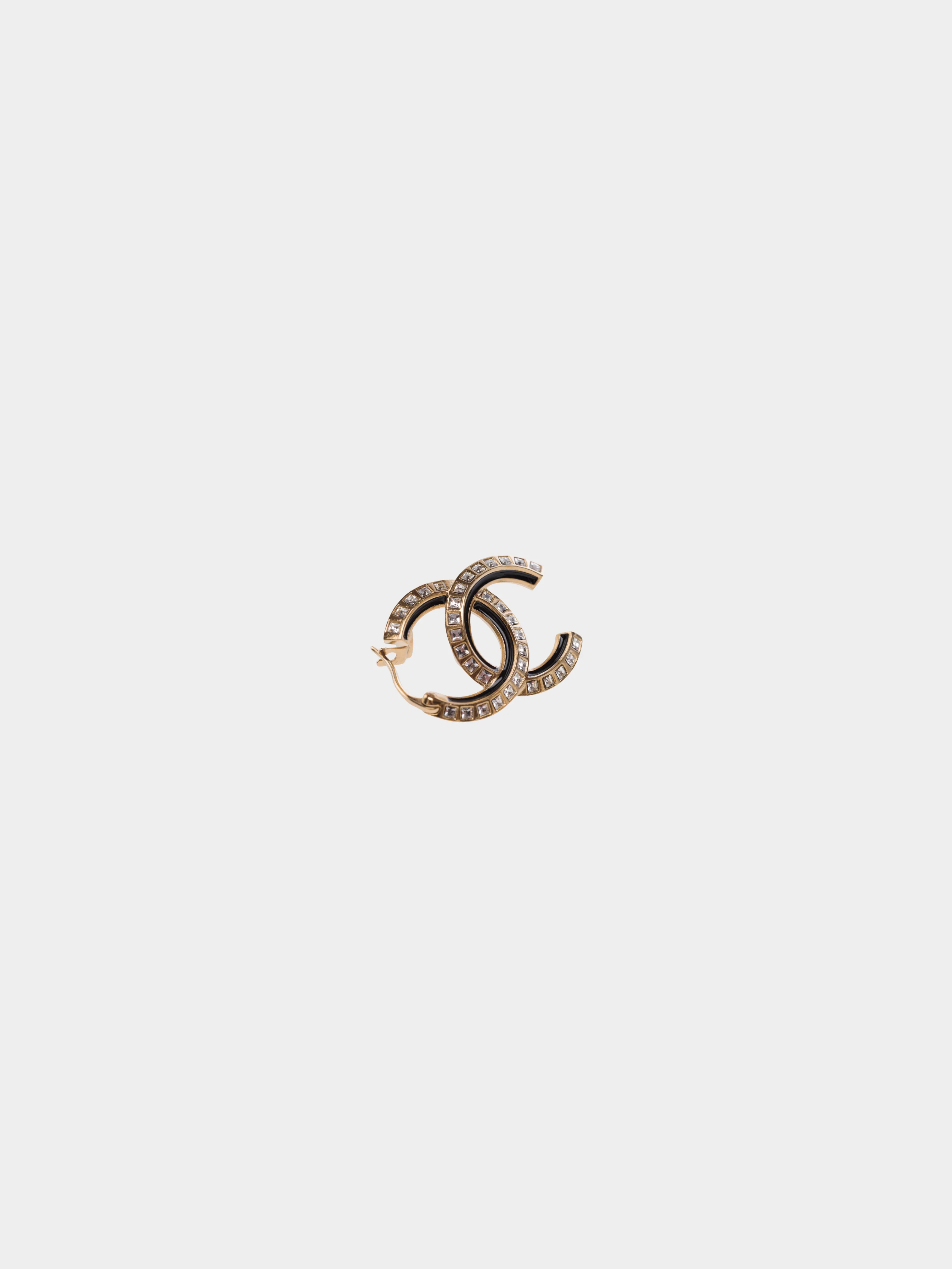 Chanel 2020s Black Enamel and Gold Hardware Crystal CC Earrings - Image 3