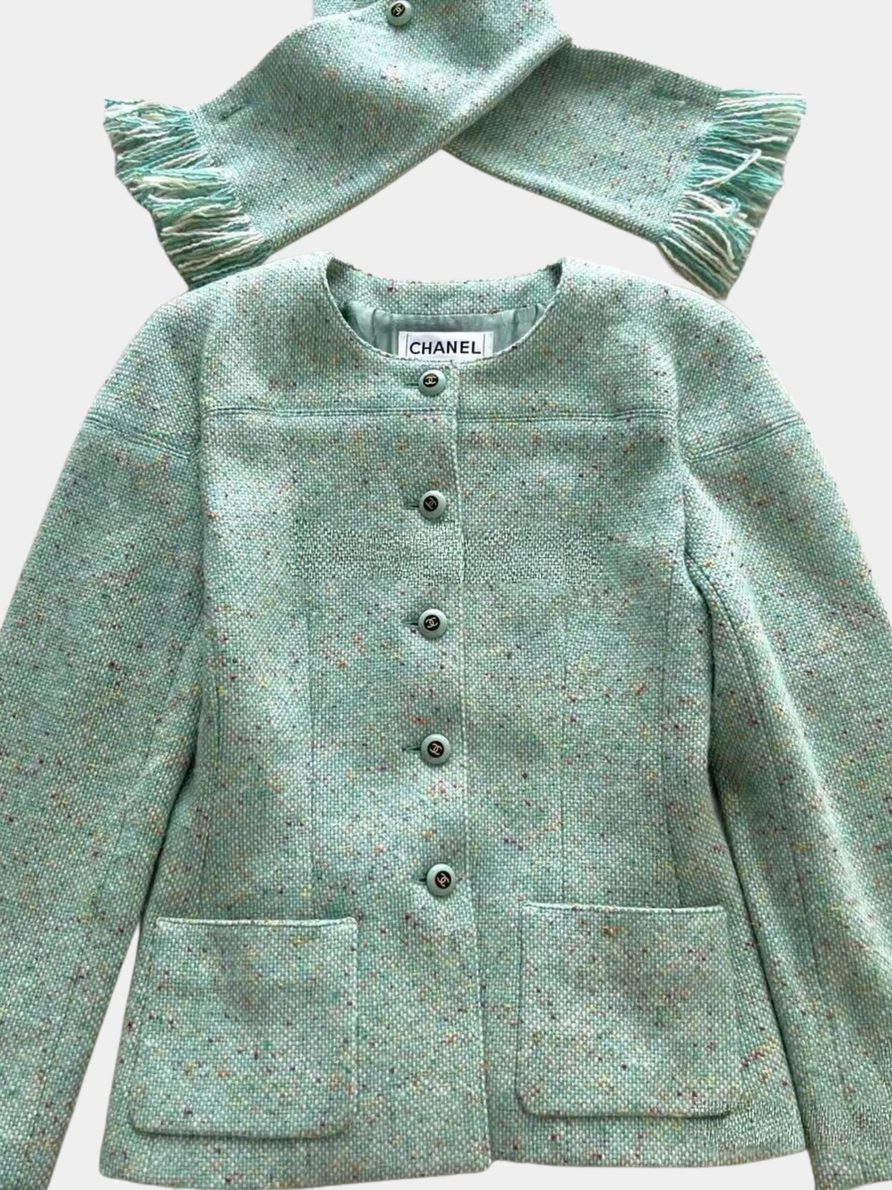 Chanel 2020s Mint Tweed Jacket with Matching Scarf - Image 3