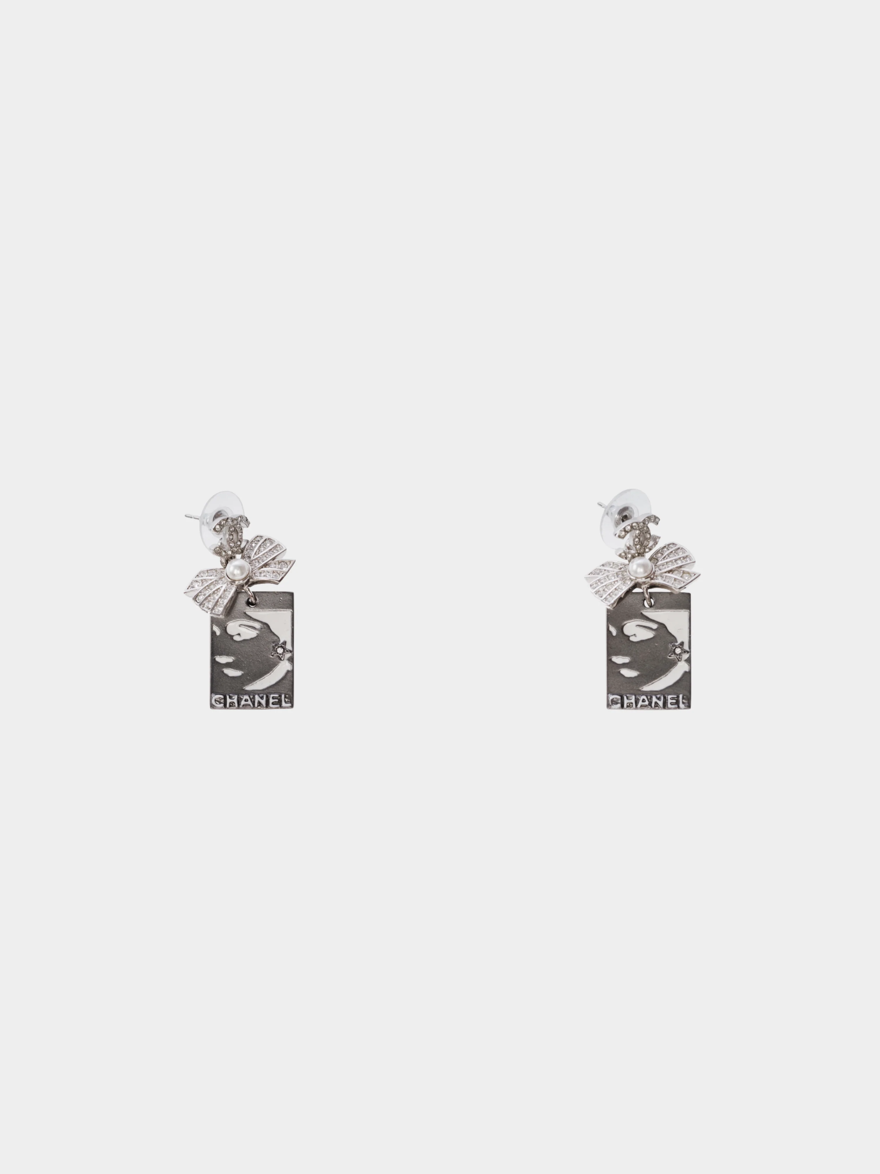 Chanel 2020s Silver Coco Chanel Printed Rectangle Earrings
