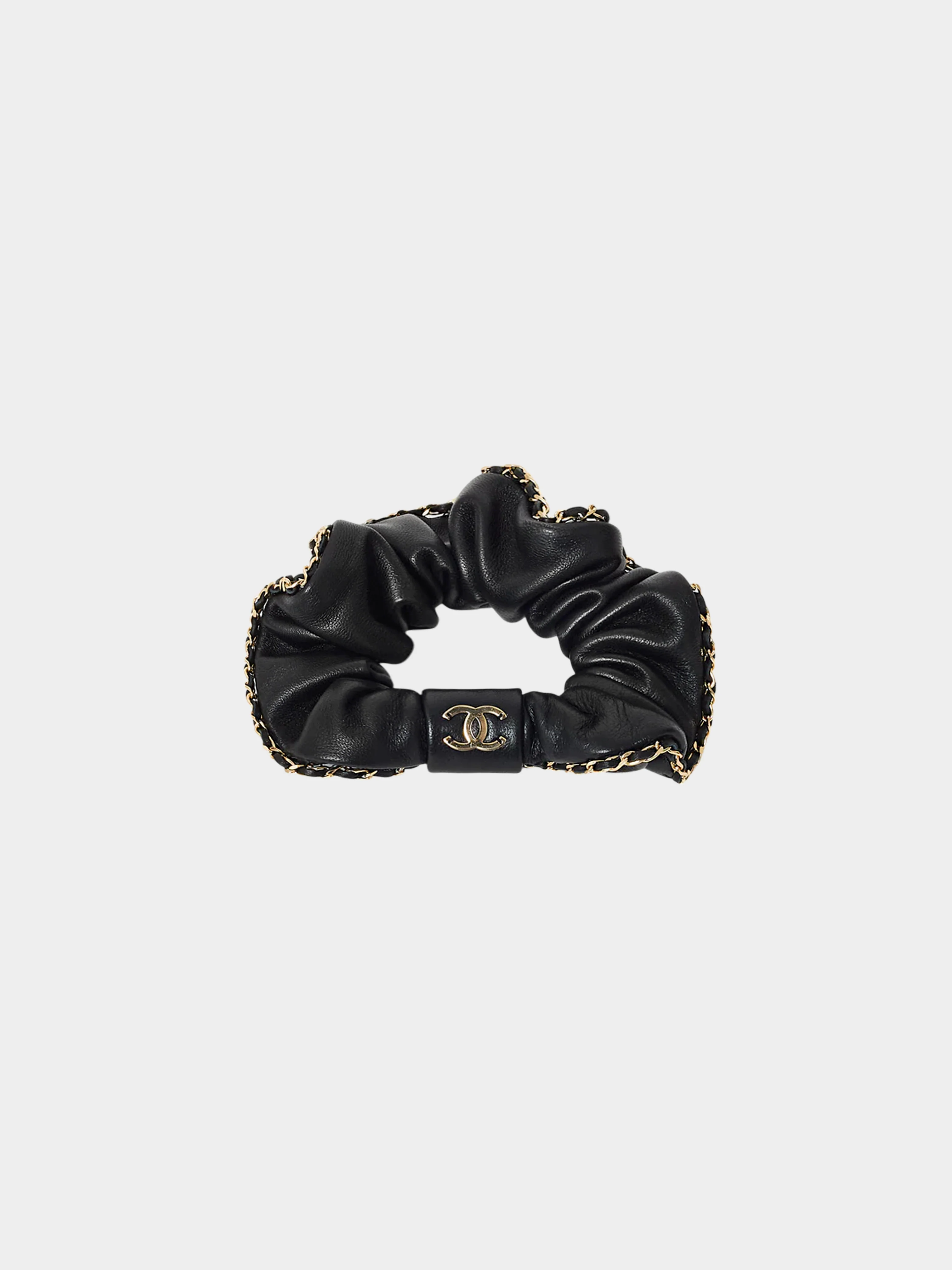 Chanel 2021-2022 Black Leather Chain Scrunchie