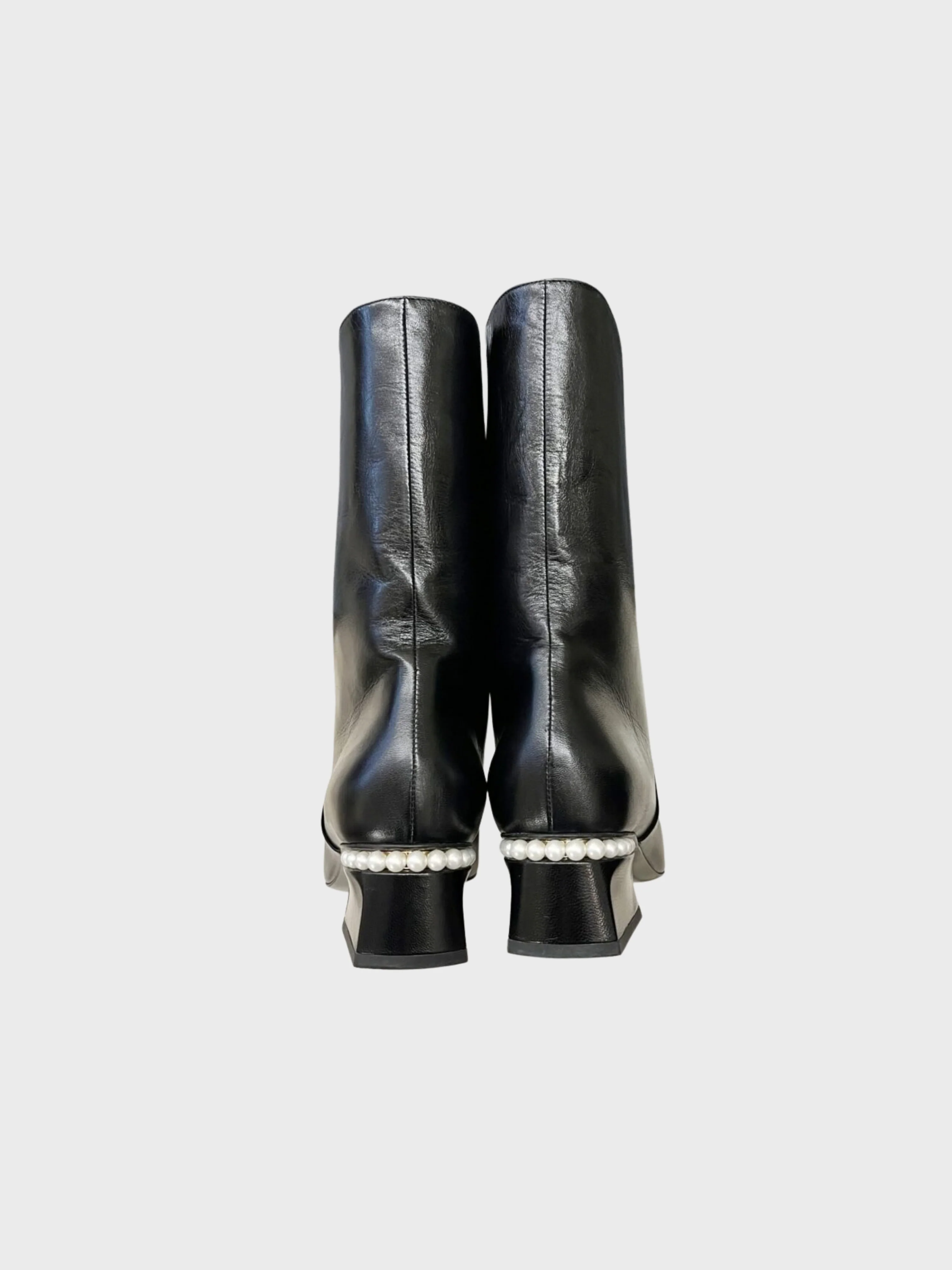 Chanel 2021 Black Leather Pearl Heel Boots - Image 2