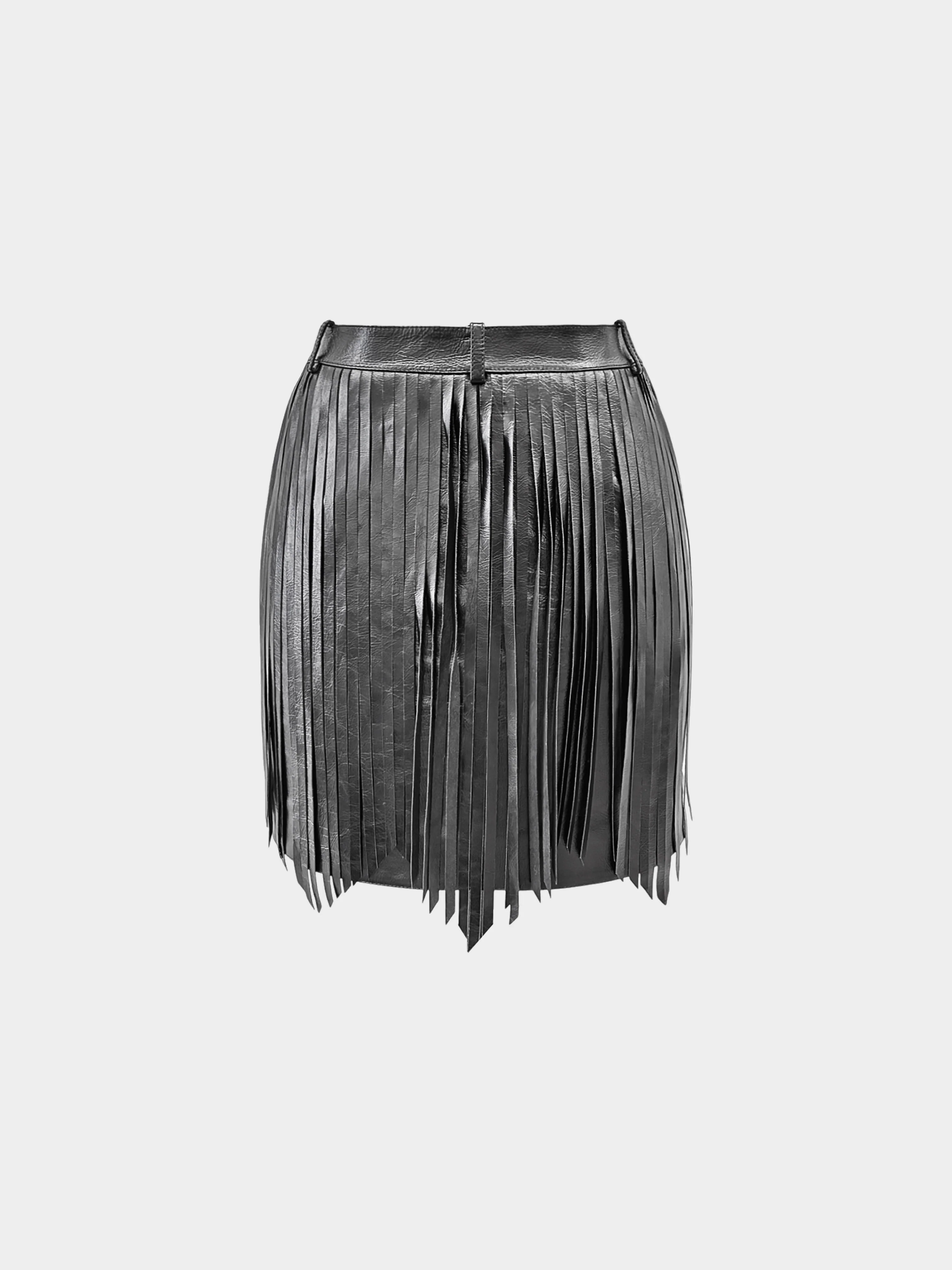 Chanel 2022 Black Calfskin Leather Fringe Mini Skirt - Image 2