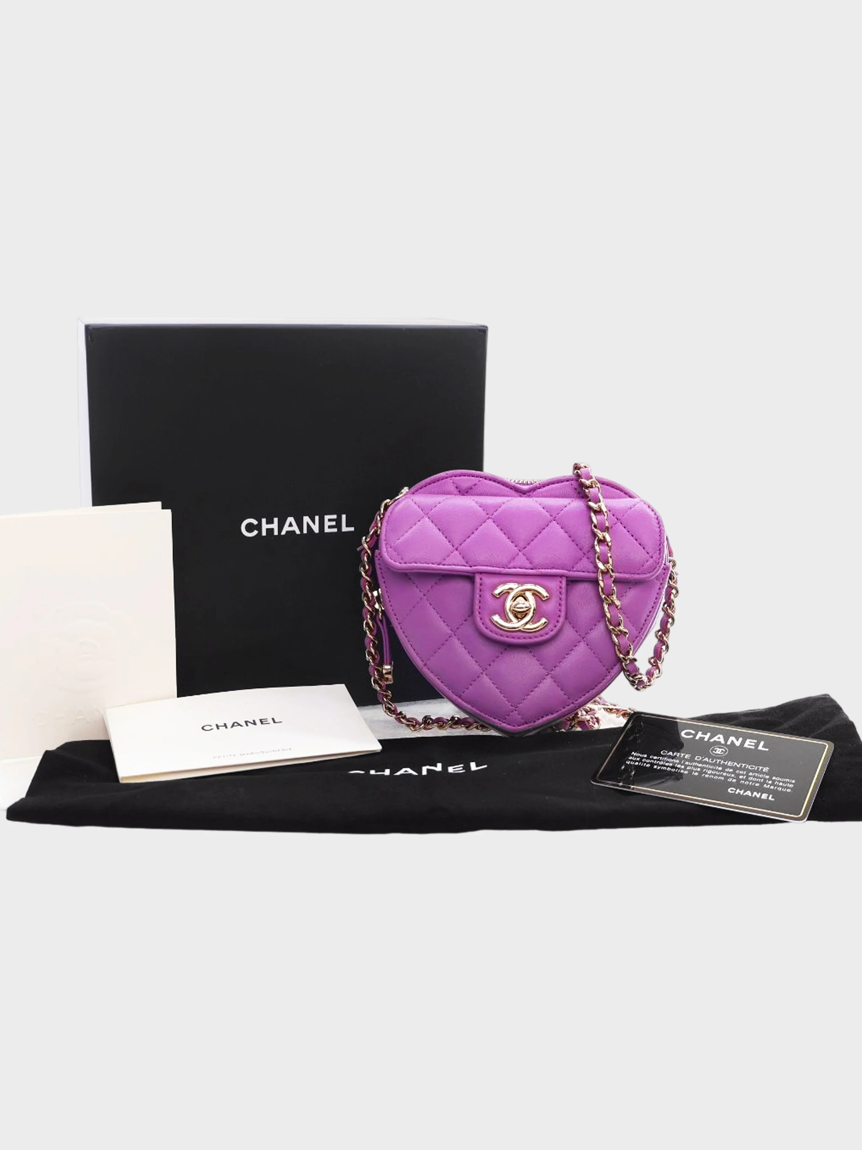 Chanel 2022 Purple Lambskin Quilted CC In Love Mini Heart Bag - Image 4