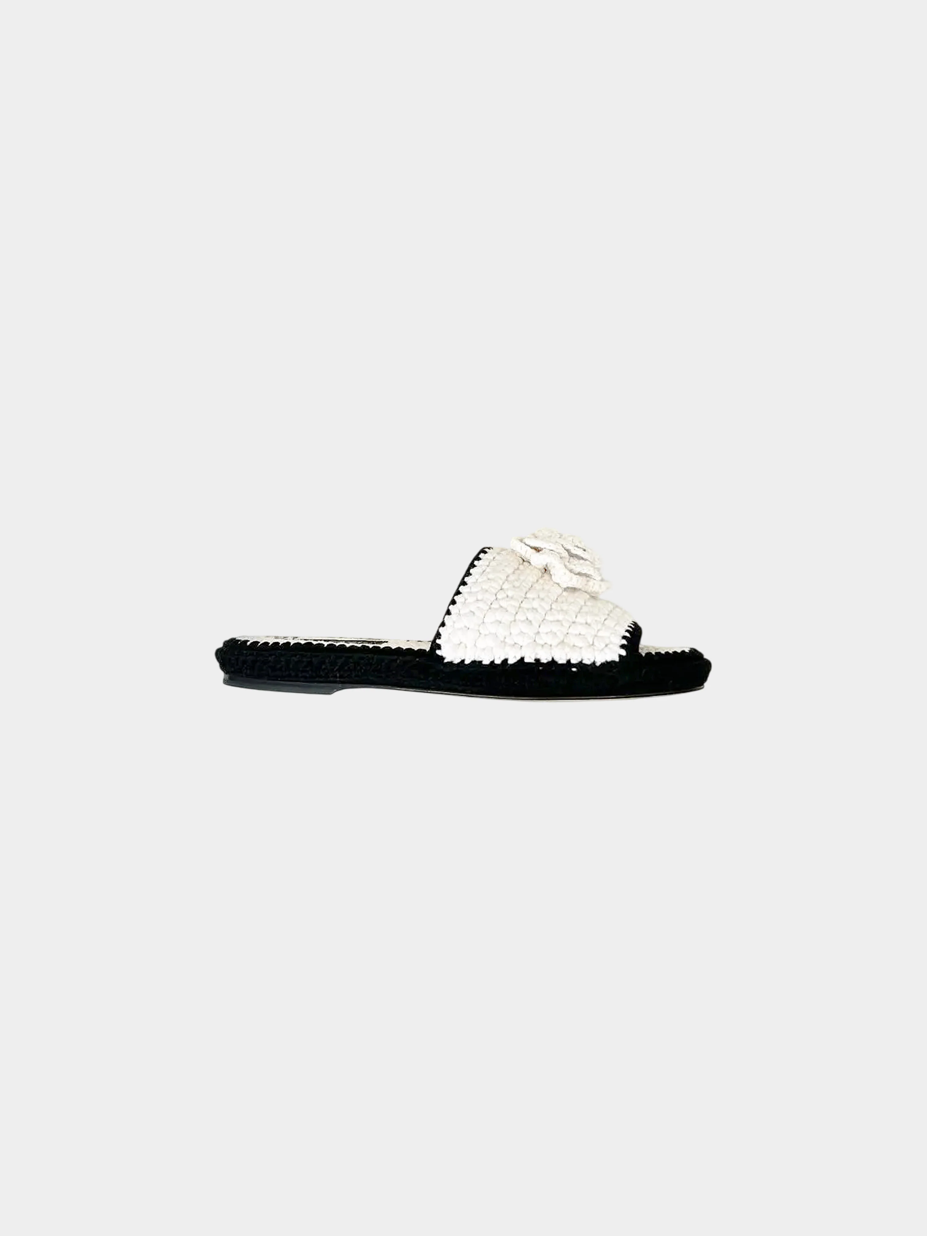 Chanel 2023 Ivory and Black Crochet Camellia Sandals
