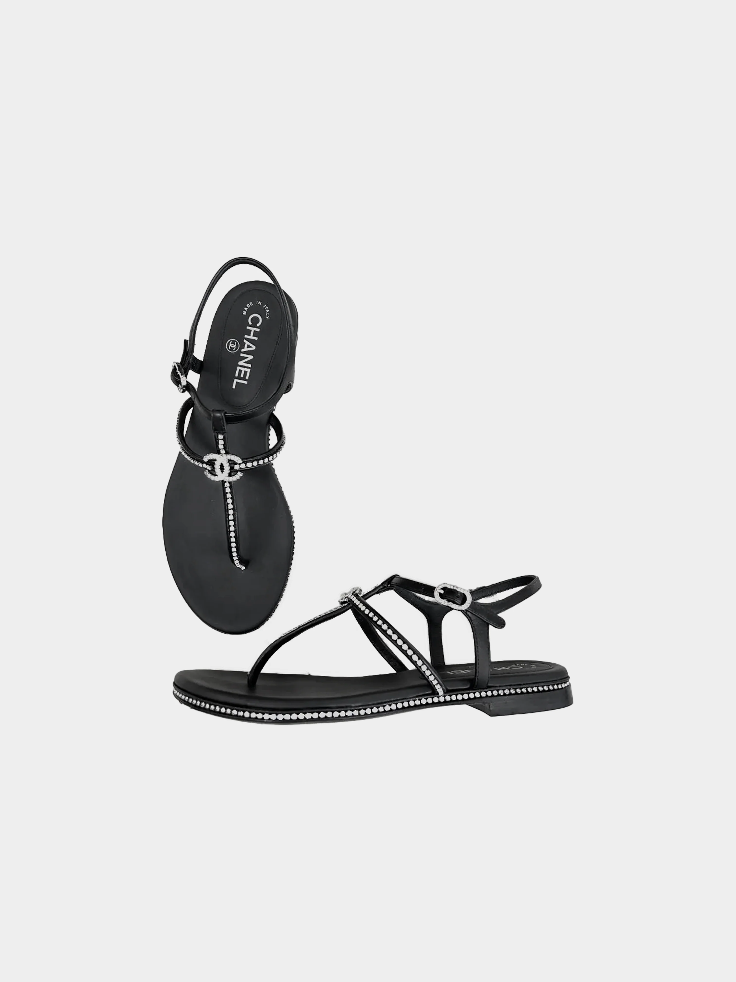 Chanel 2023 Black Leather Thong Sandals with Rhinestones - Image 2