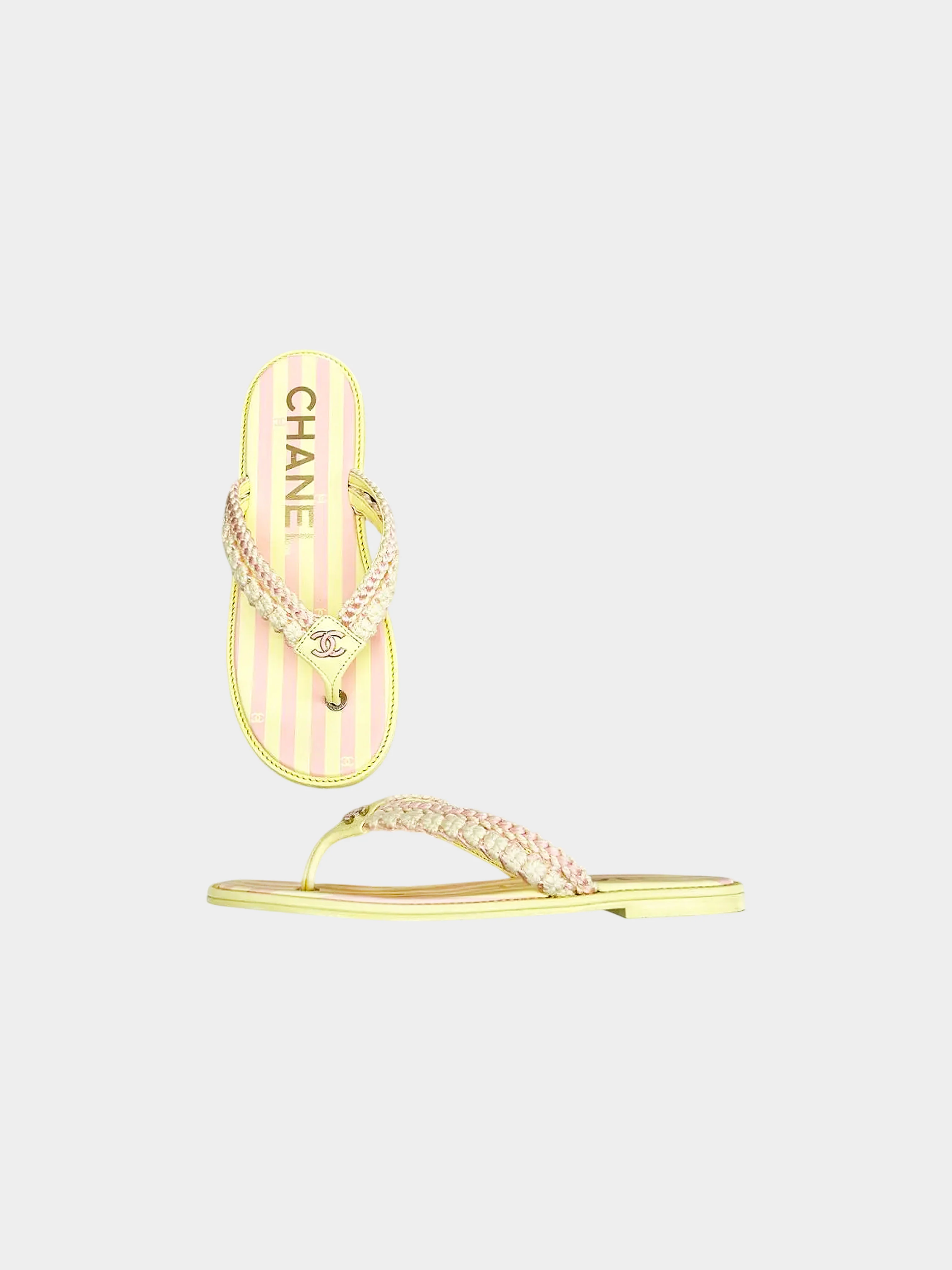 Chanel SS 2024 Yellow and Pink Raffia Thong Beach Sandals - Image 2