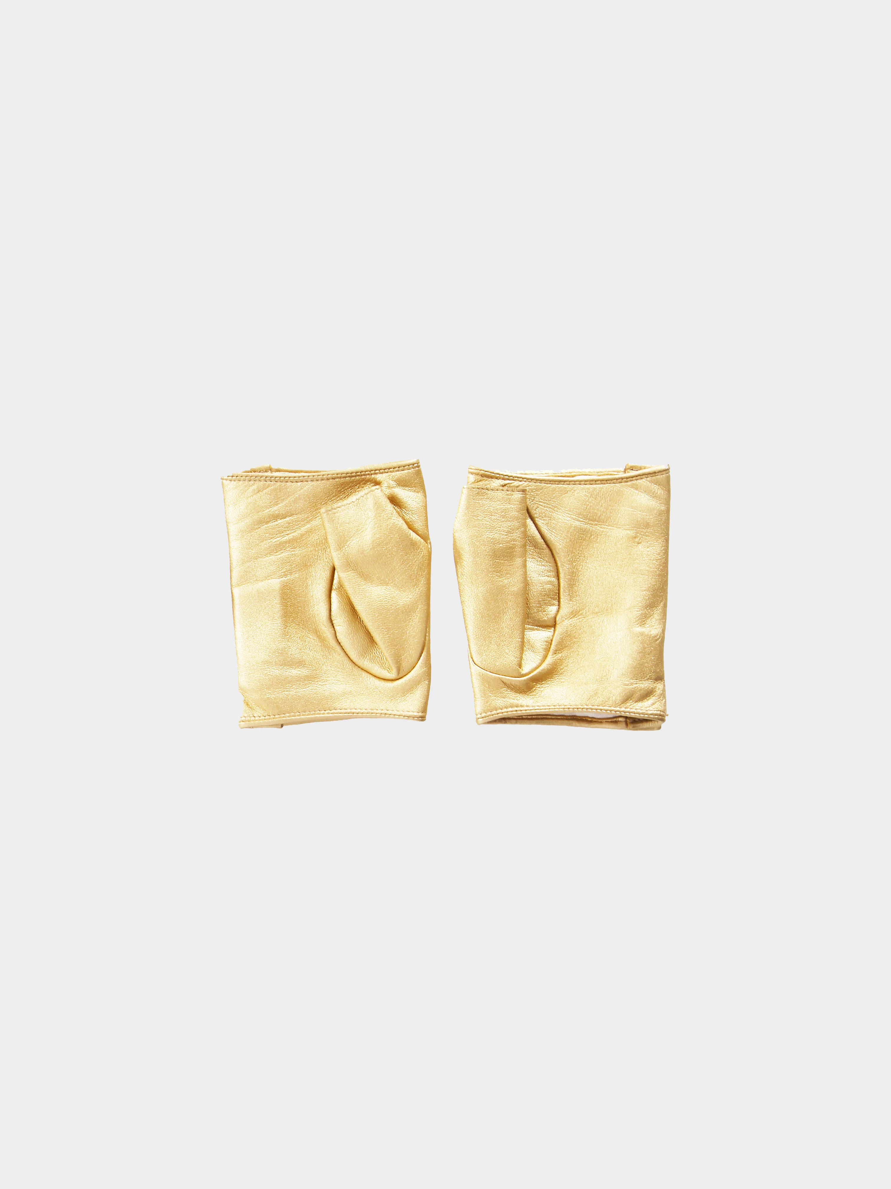Chanel by Karl Lagerfeld 2000s Metallic Gold Leather Quilted Fingerless Gloves - Image 2