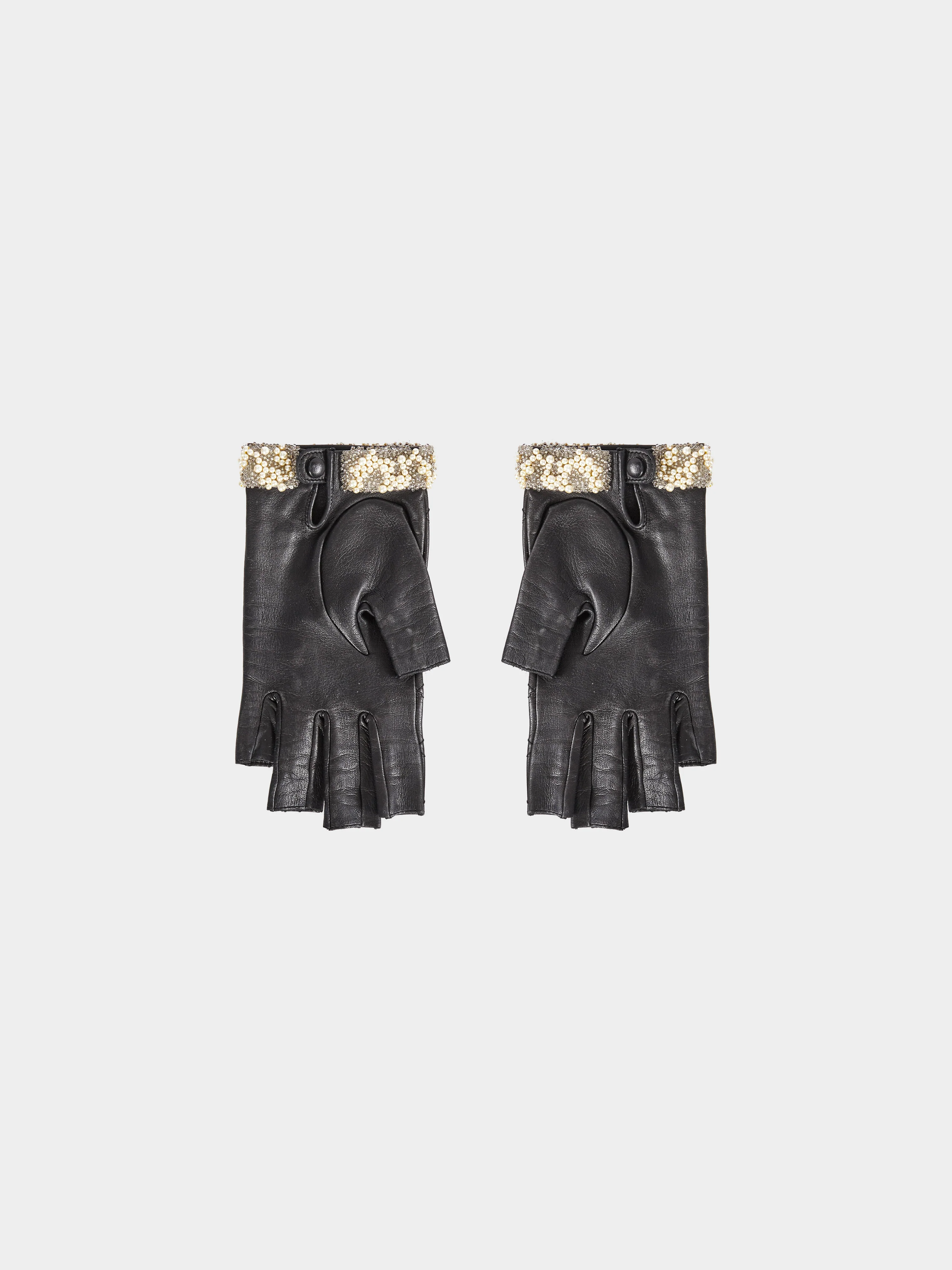 Chanel by Karl Lagerfeld 2014 Black Lambskin Quilted CC Fingerless Gloves with Pearl Embellishments - Image 2