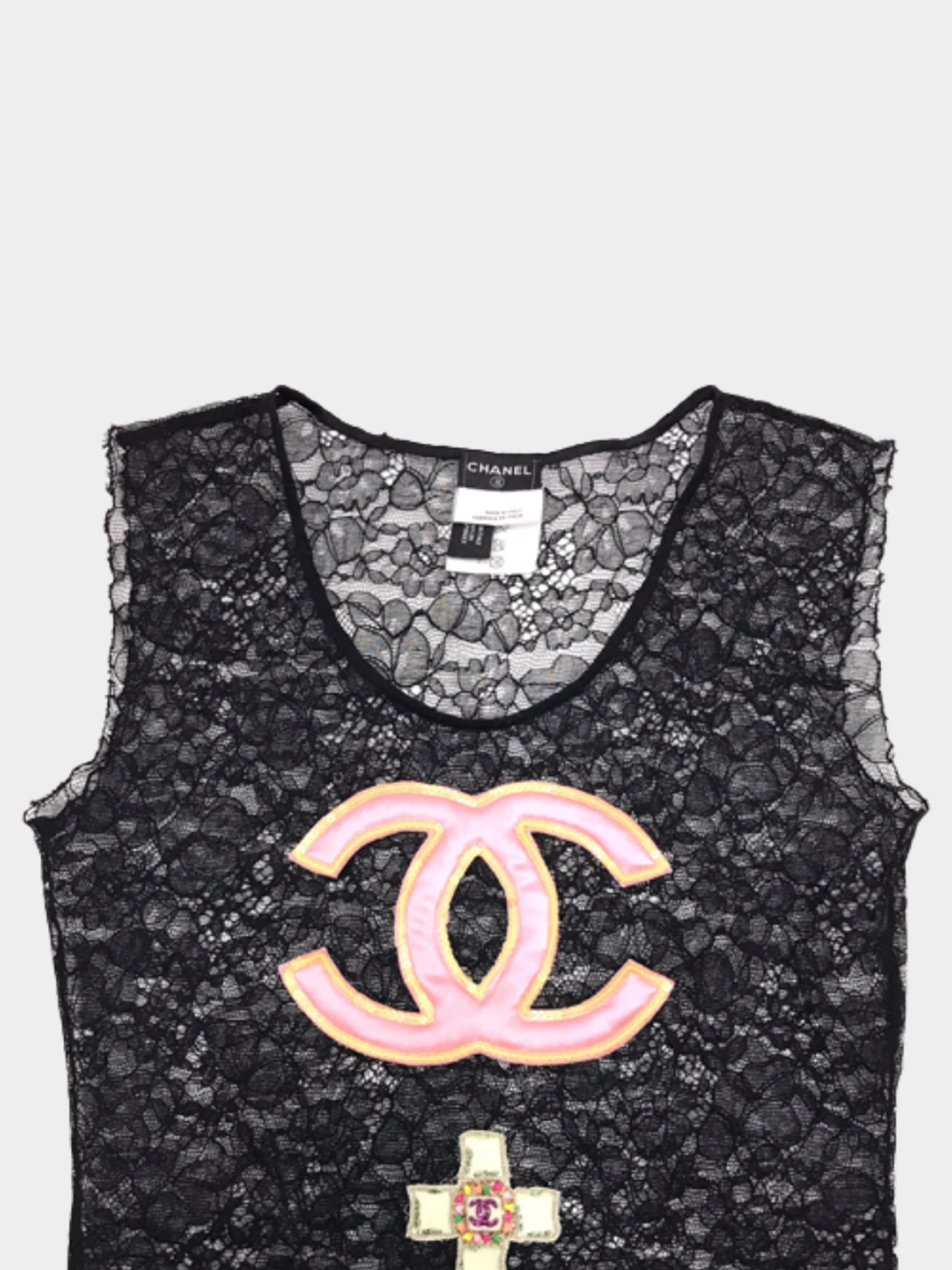 Chanel by Karl Lagerfeld Cruise 2004 Black Lace Embellished Tank Top - Image 3