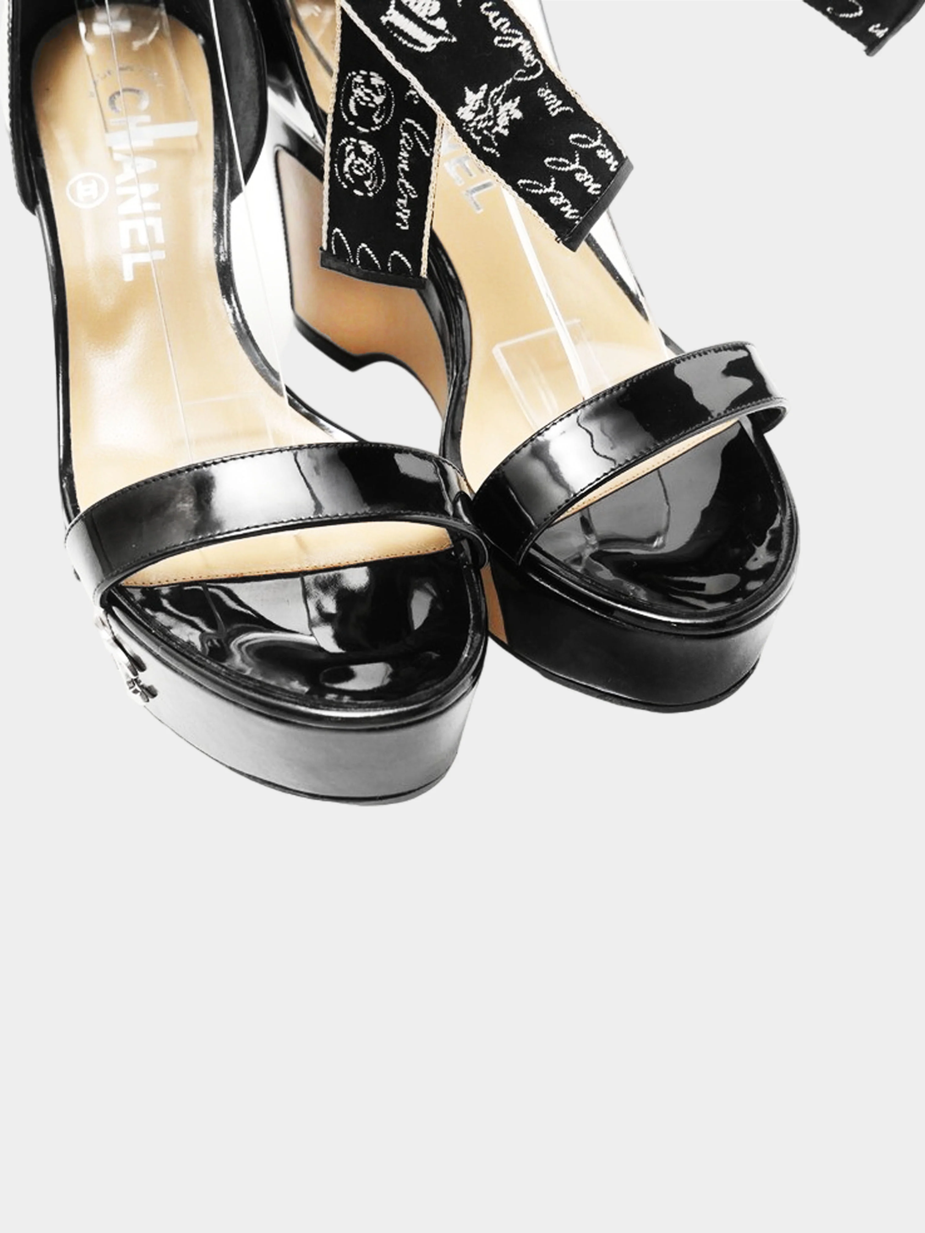 Chanel by Karl Lagerfeld Cruise 2006 Black and Beige Patent Leather Lace-up Wedged Heels - Image 3