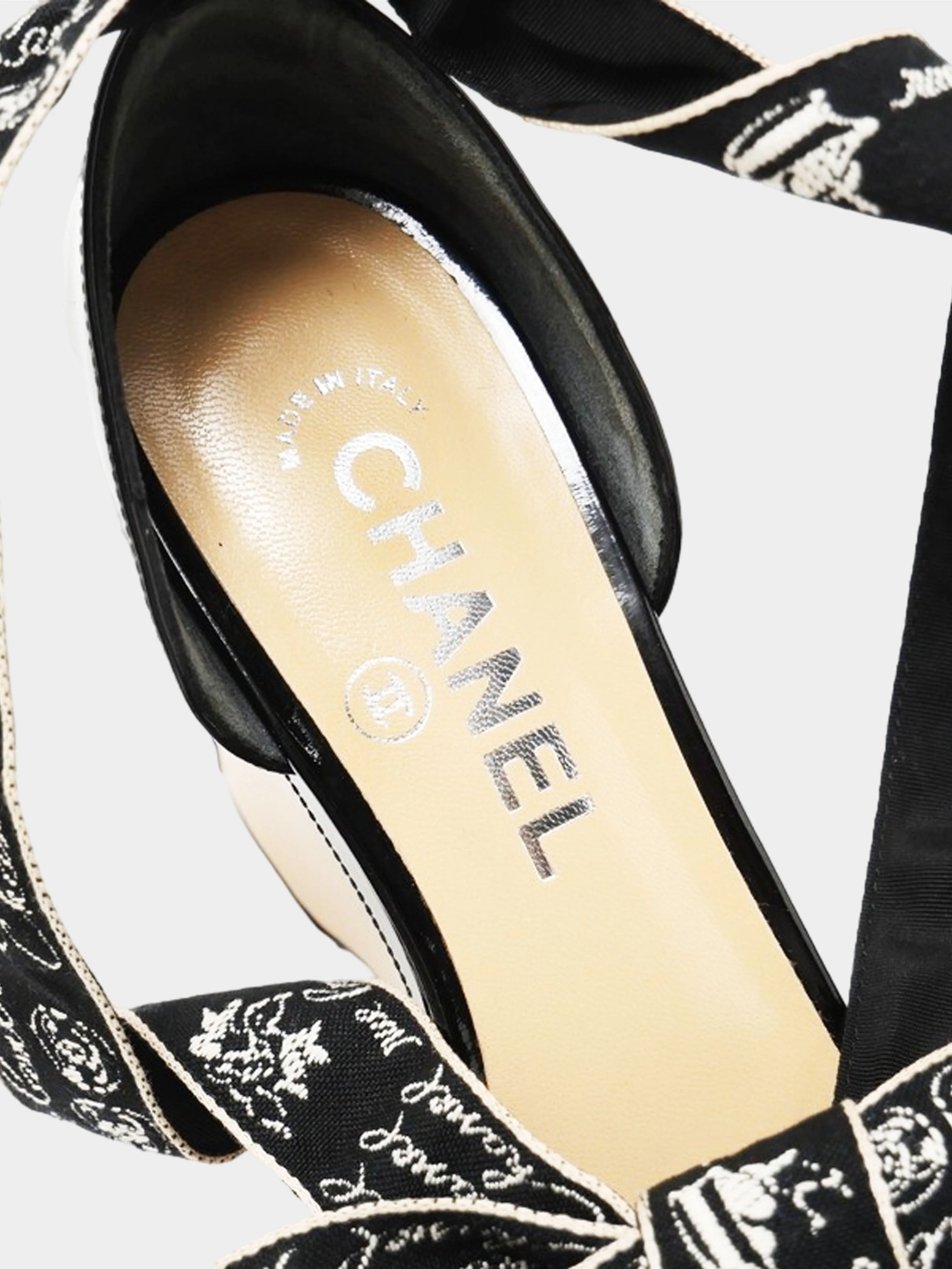 Chanel by Karl Lagerfeld Cruise 2006 Black and Beige Patent Leather Lace-up Wedged Heels - Image 4