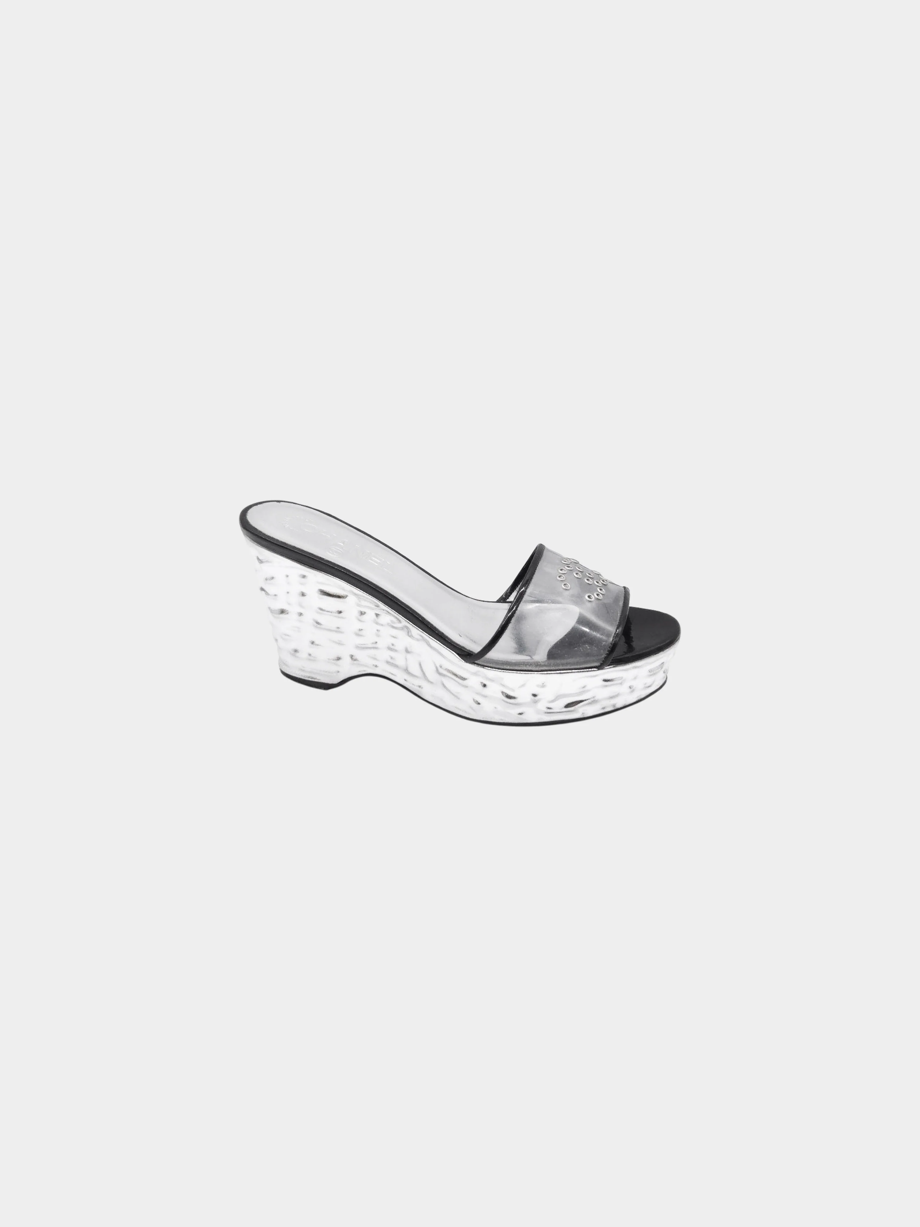 Chanel by Karl Lagerfeld Spring 2009 Black and Silver Hammered Silver Wedge Slide Sandals