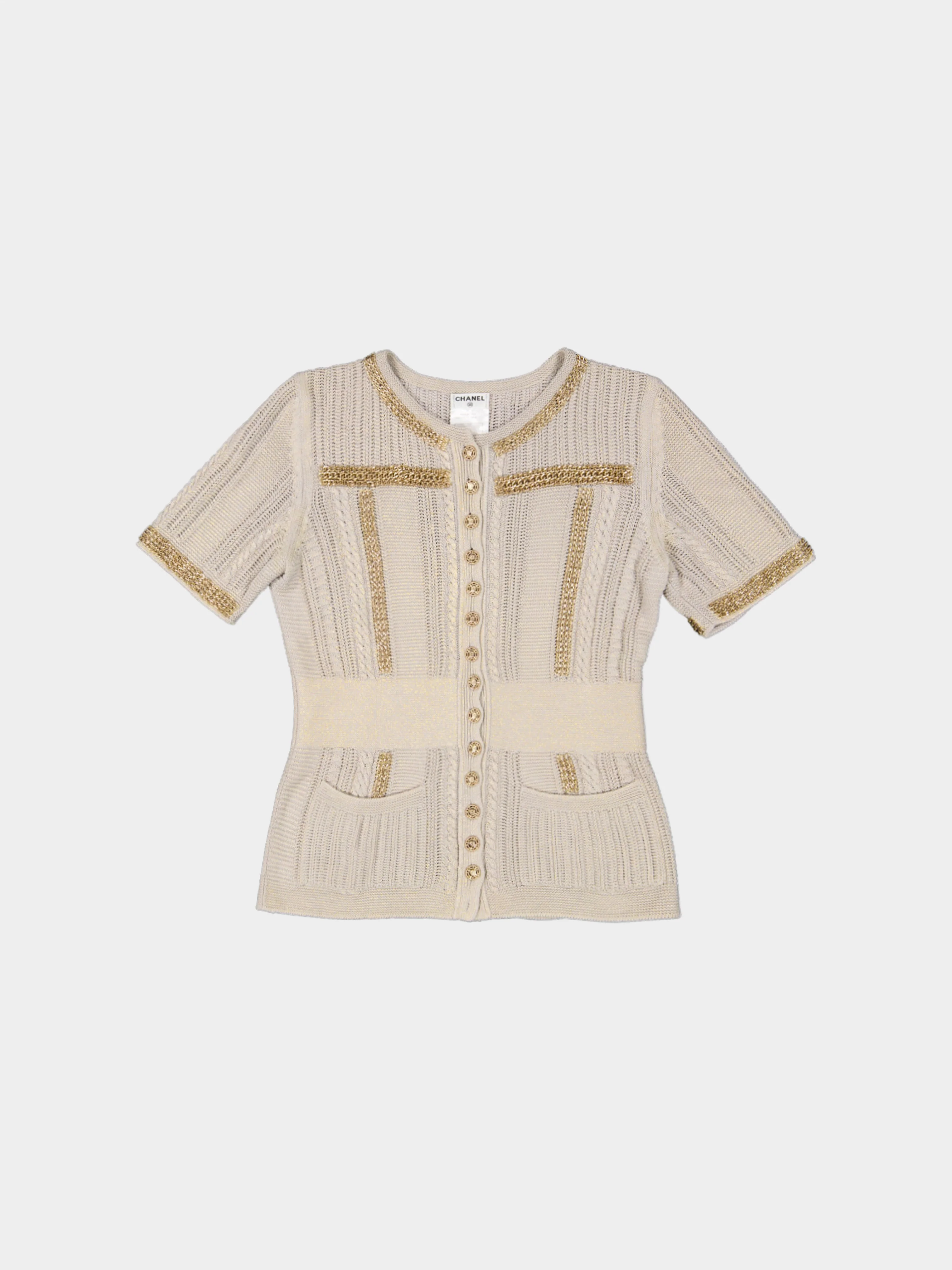 Chanel by Karl Lagerfeld SS 2008 Beige Knit Cardigan with Gold Chains