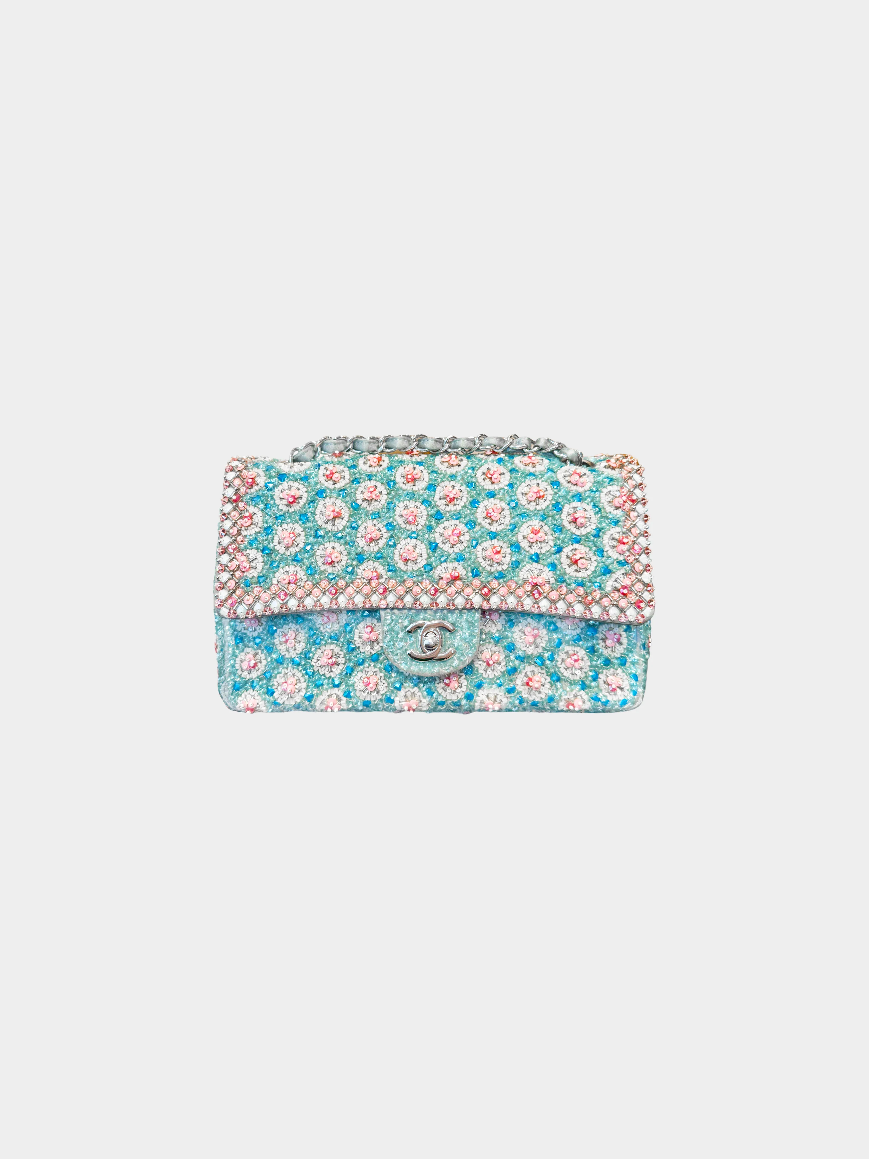 Chanel Cruise 2014 Blue Floral Beads and Sequins Double Flap Bag