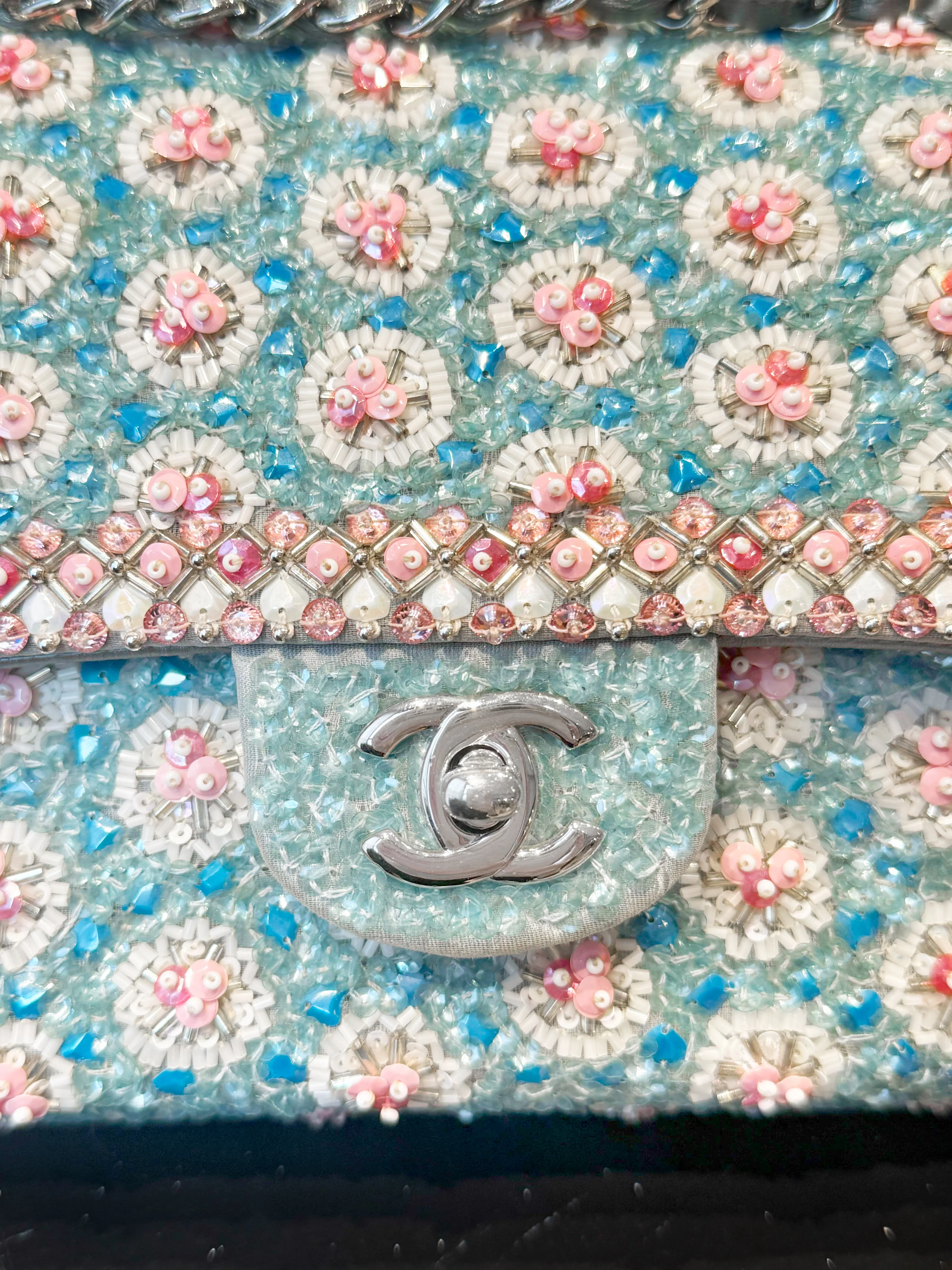 Chanel Cruise 2014 Blue Floral Beads and Sequins Double Flap Bag - Image 5