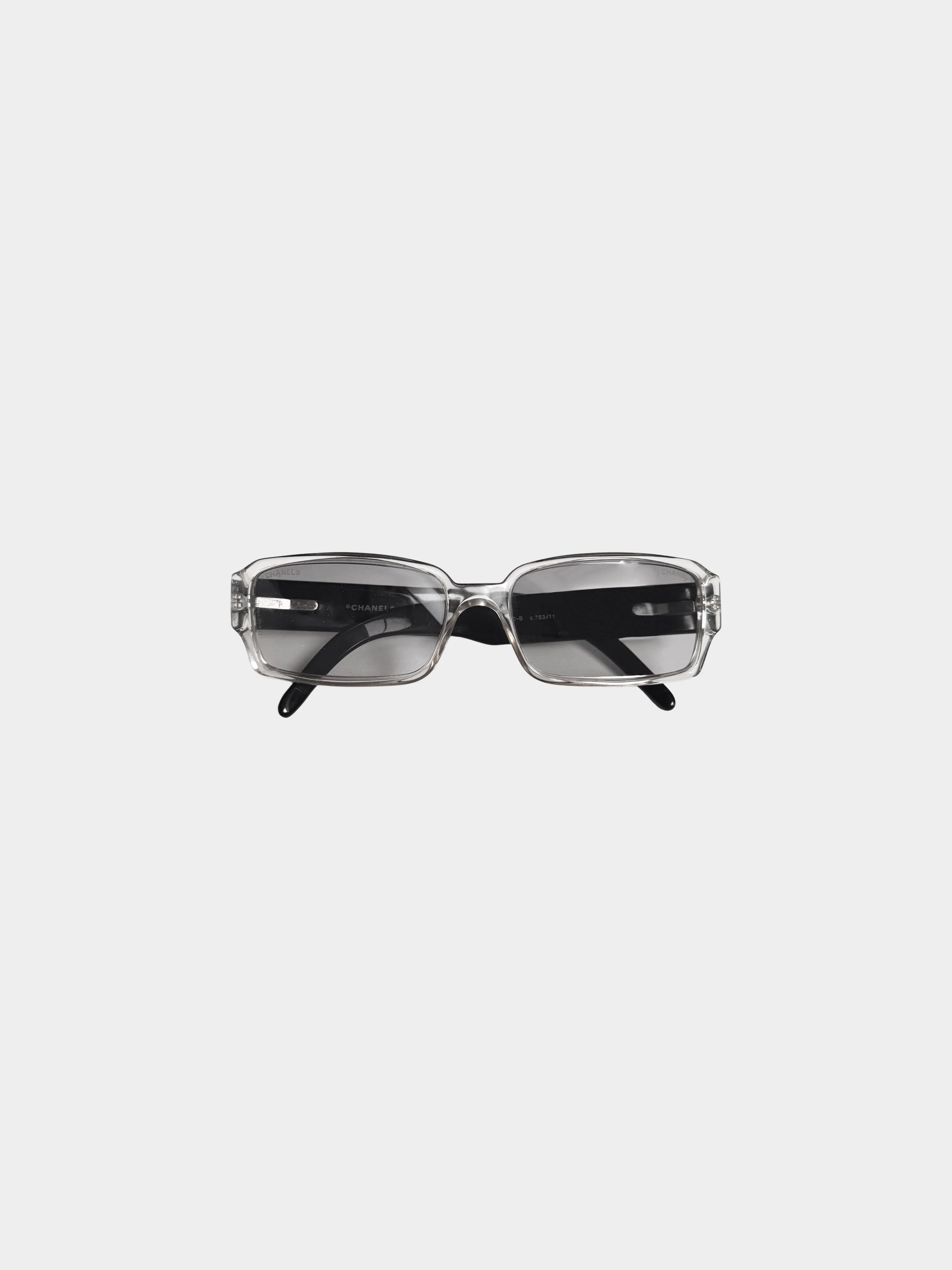 Chanel Early 2000s Black and Clear Translucent Logo Rhinestone Rectangular Sunglasses - Image 2