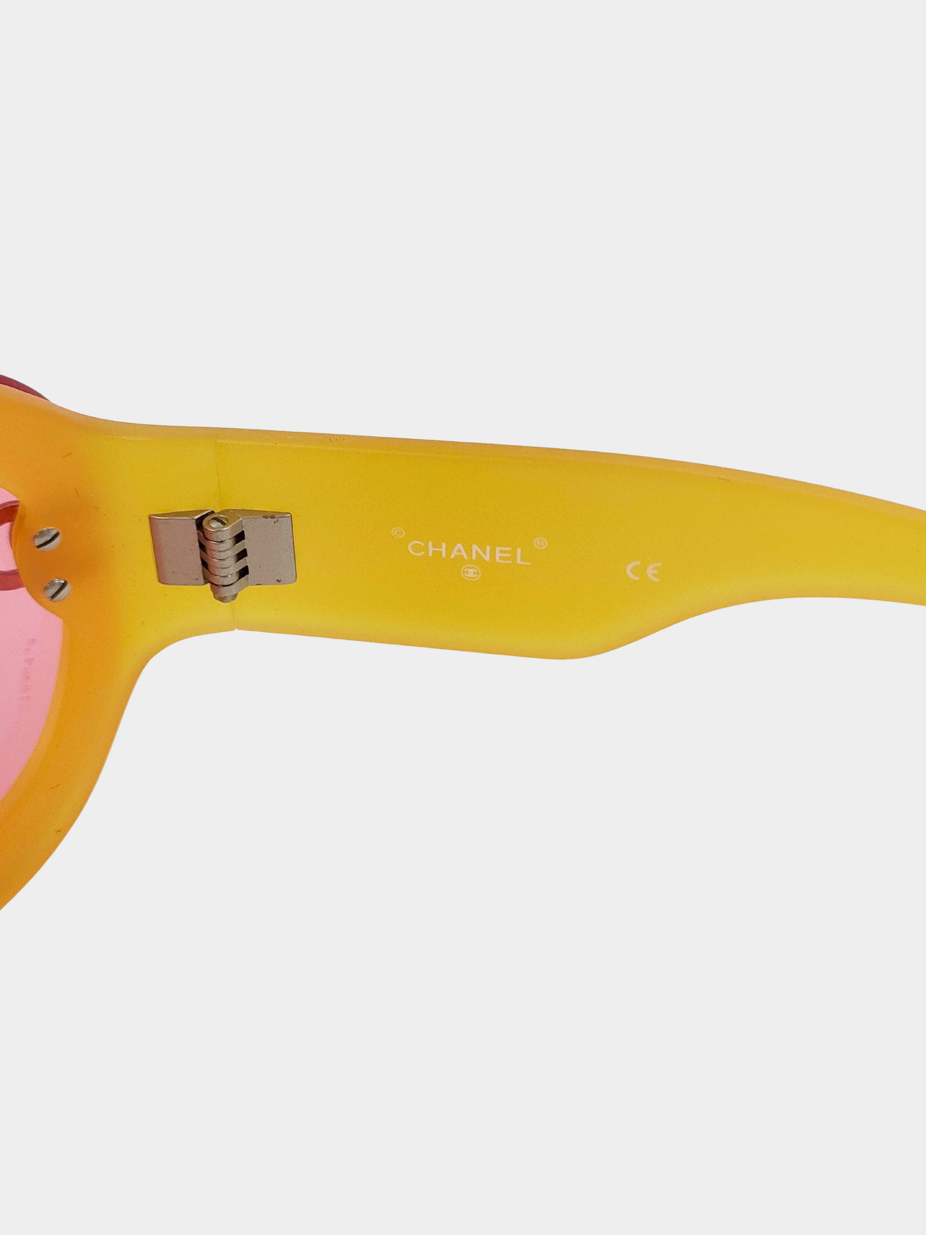 Chanel Early 2000s Pink and Yellow CC Round Sunglasses - Image 5