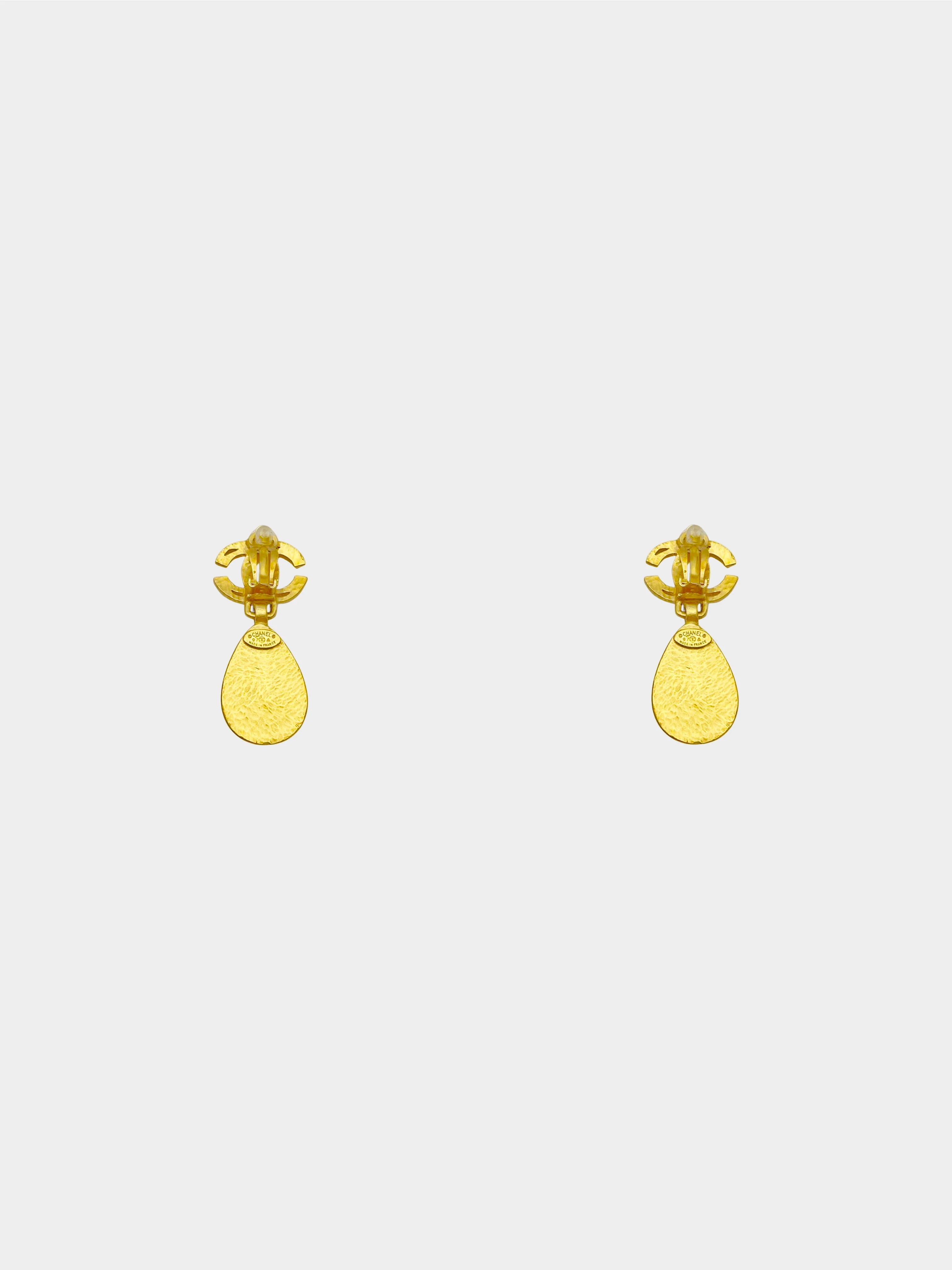Chanel Fall 1997 Gold CC Stone Teardrop Clip-On Earrings - Image 2