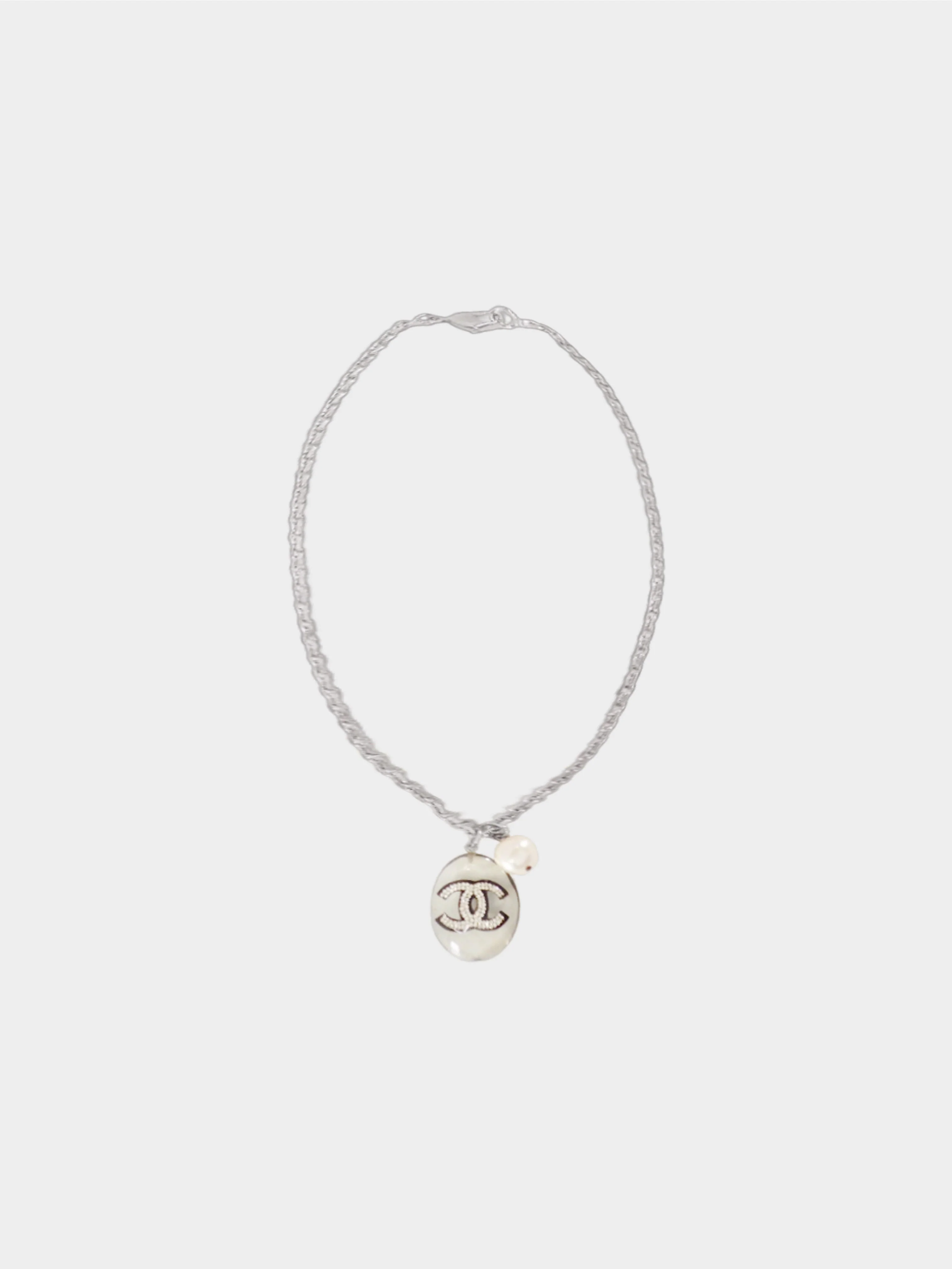 Chanel Fall 2004 Clear Oval CC Resin and Faux Pearl Pendant Necklace
