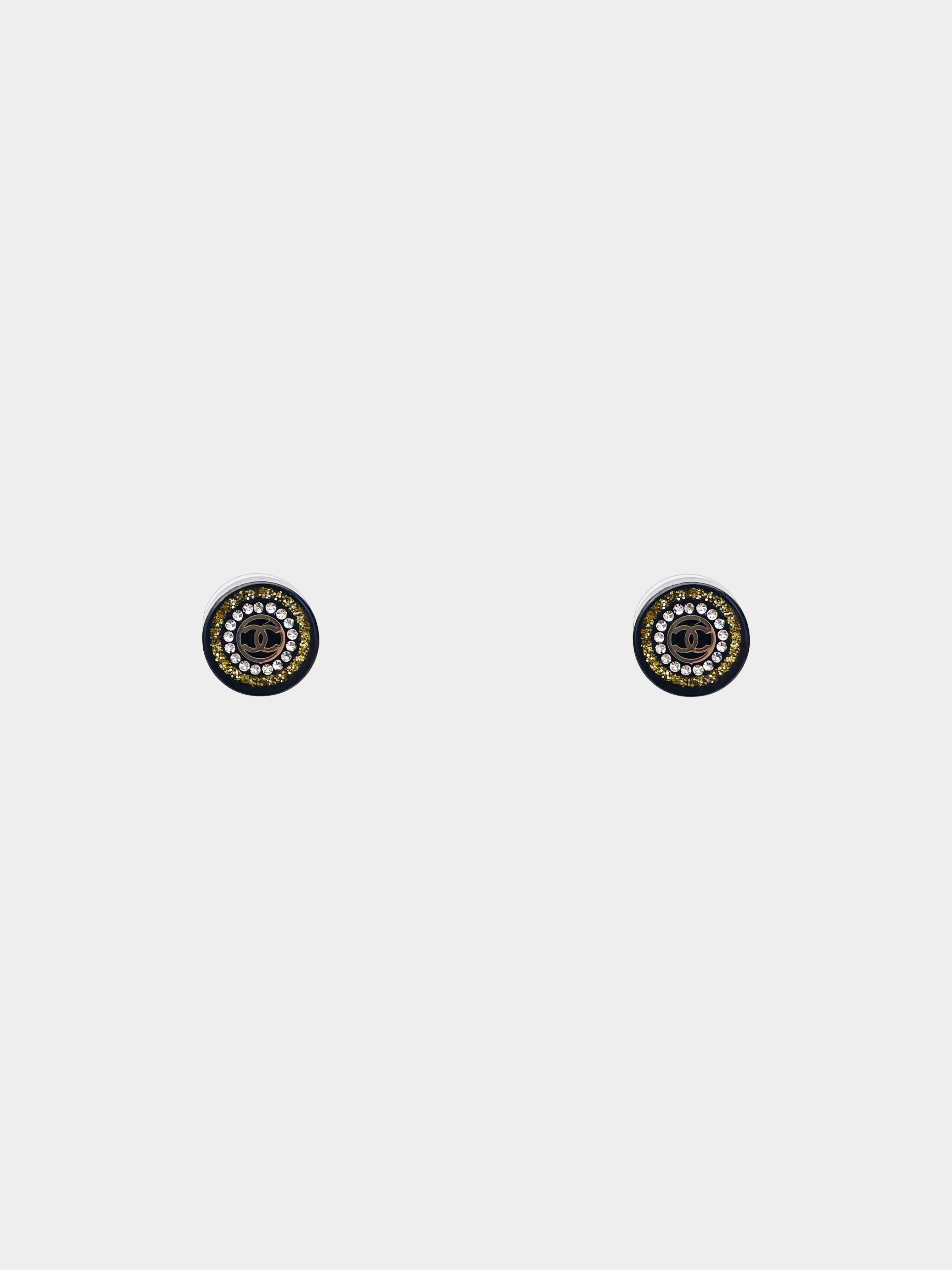 Chanel Fall 2017 Round CC Rhinestone and Glitter Stud Earrings