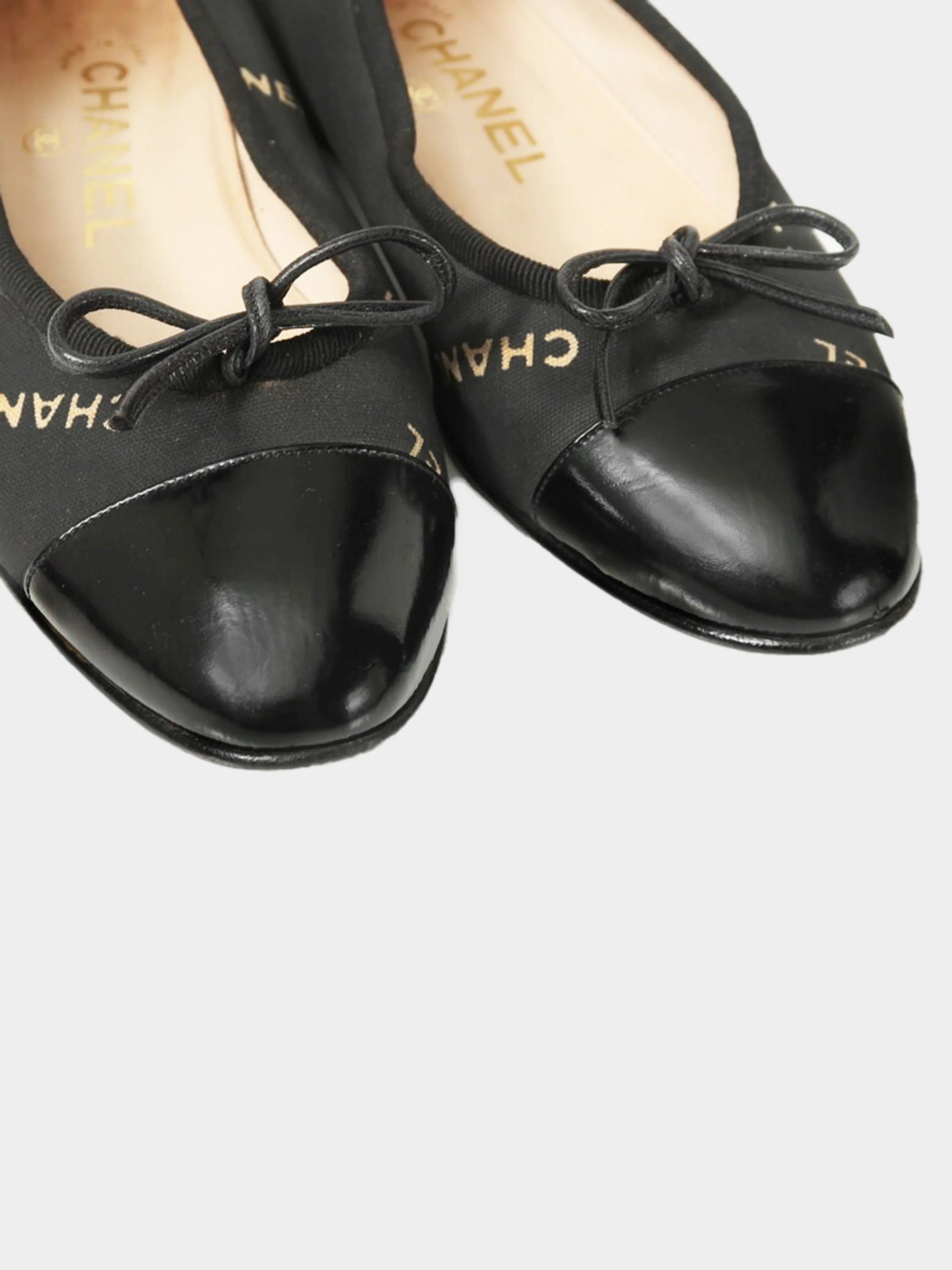 Chanel 2000s Black Canvas and Leather Logo Print Ballet Flats - Image 5