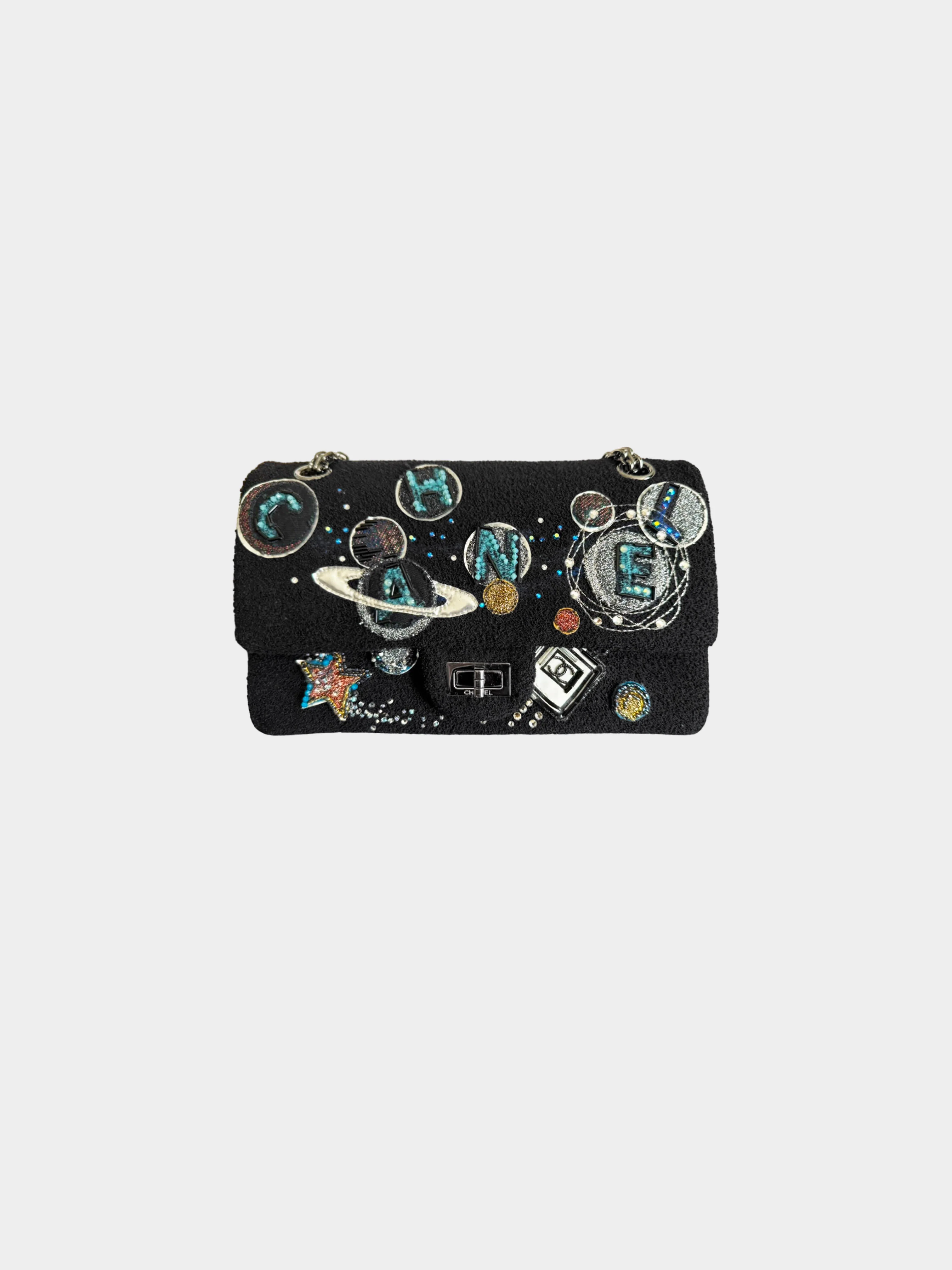 Chanel FW 2017 Limited Edition Black Tweed Space Motif 2.55 Double Flap Bag