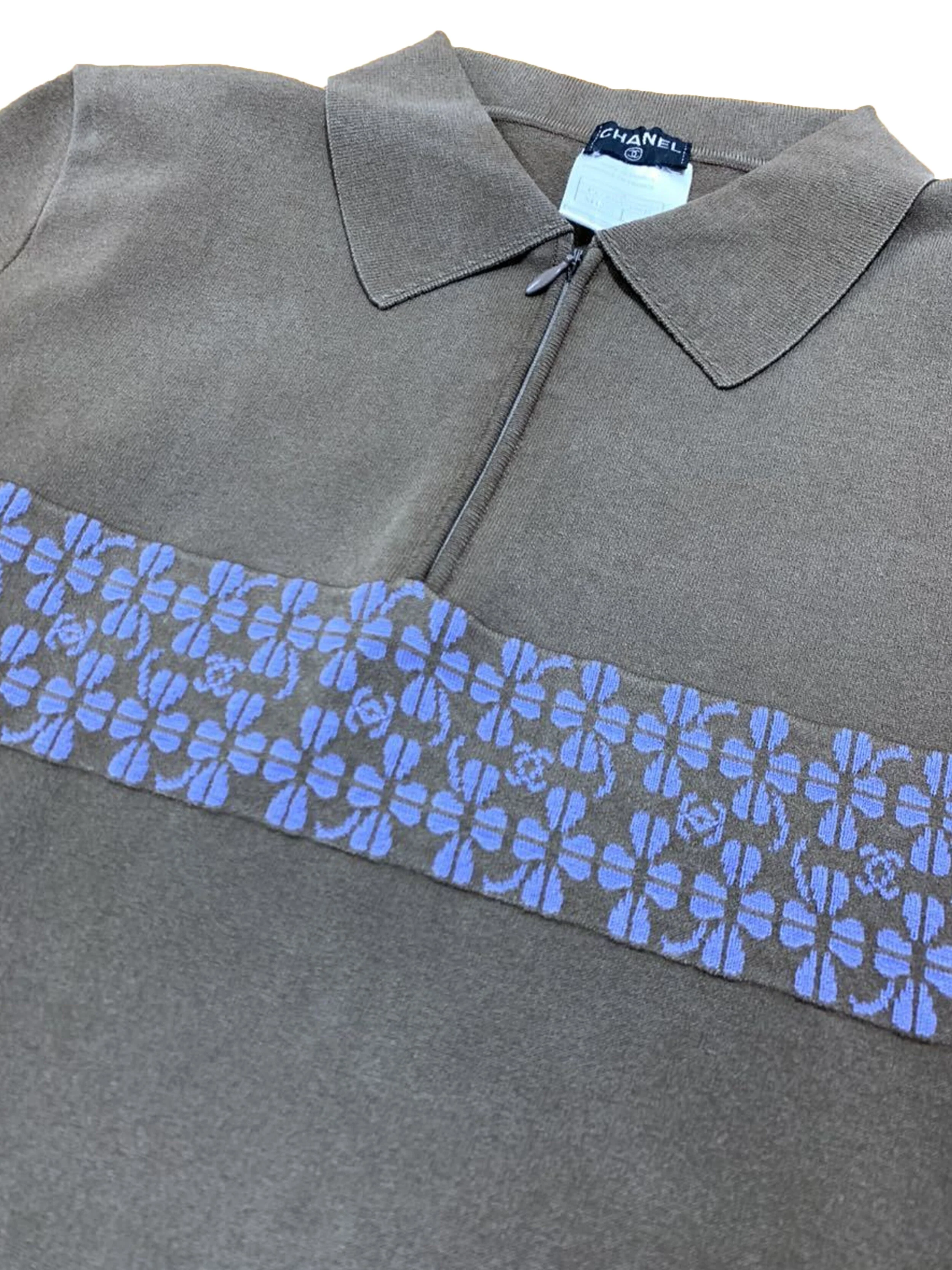Chanel 2000s Grey Knit Clover CC Polo Shirt - Image 3