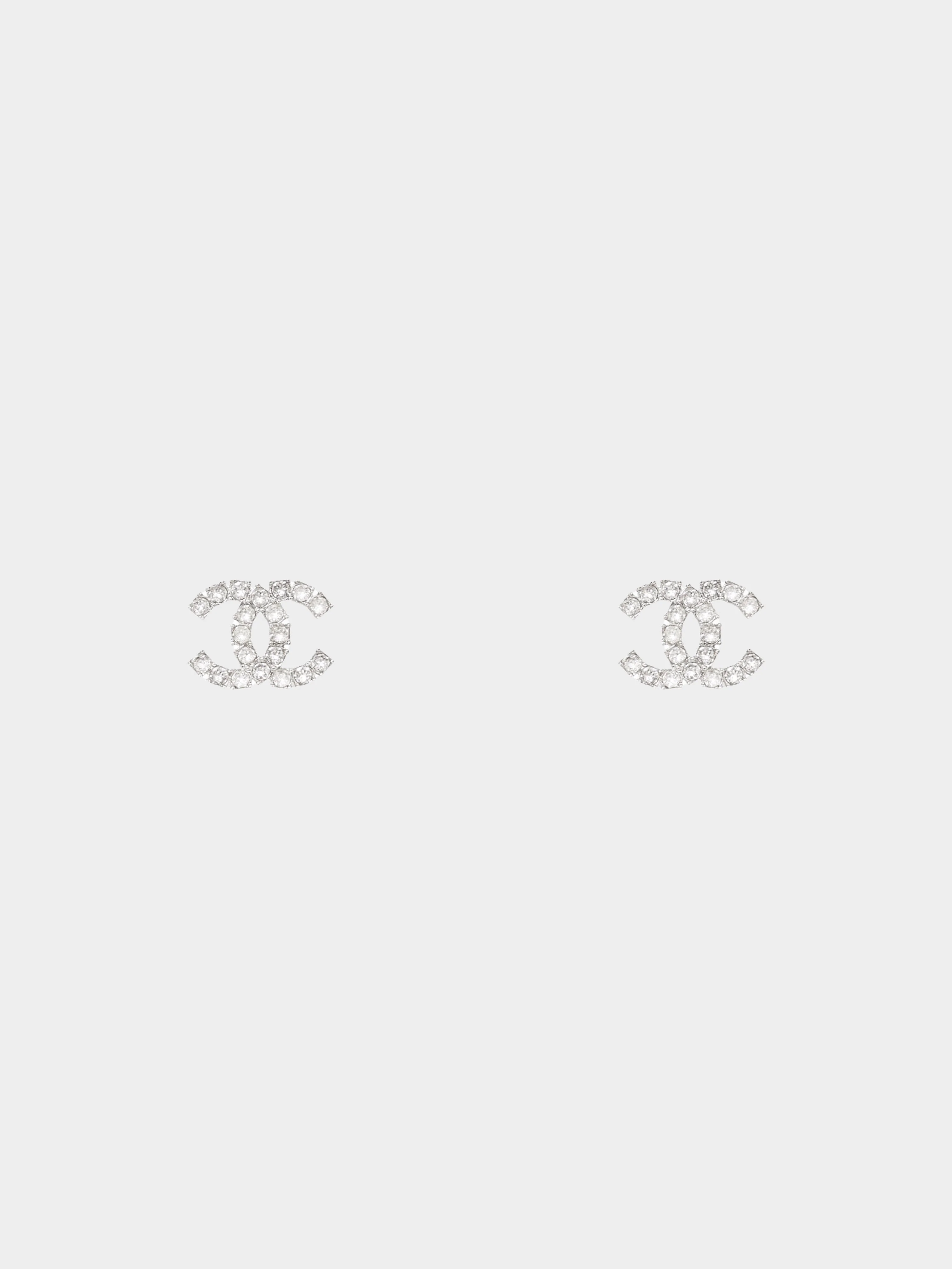 Chanel Late 2010s Silver CC Logo Rhinestone Earrings