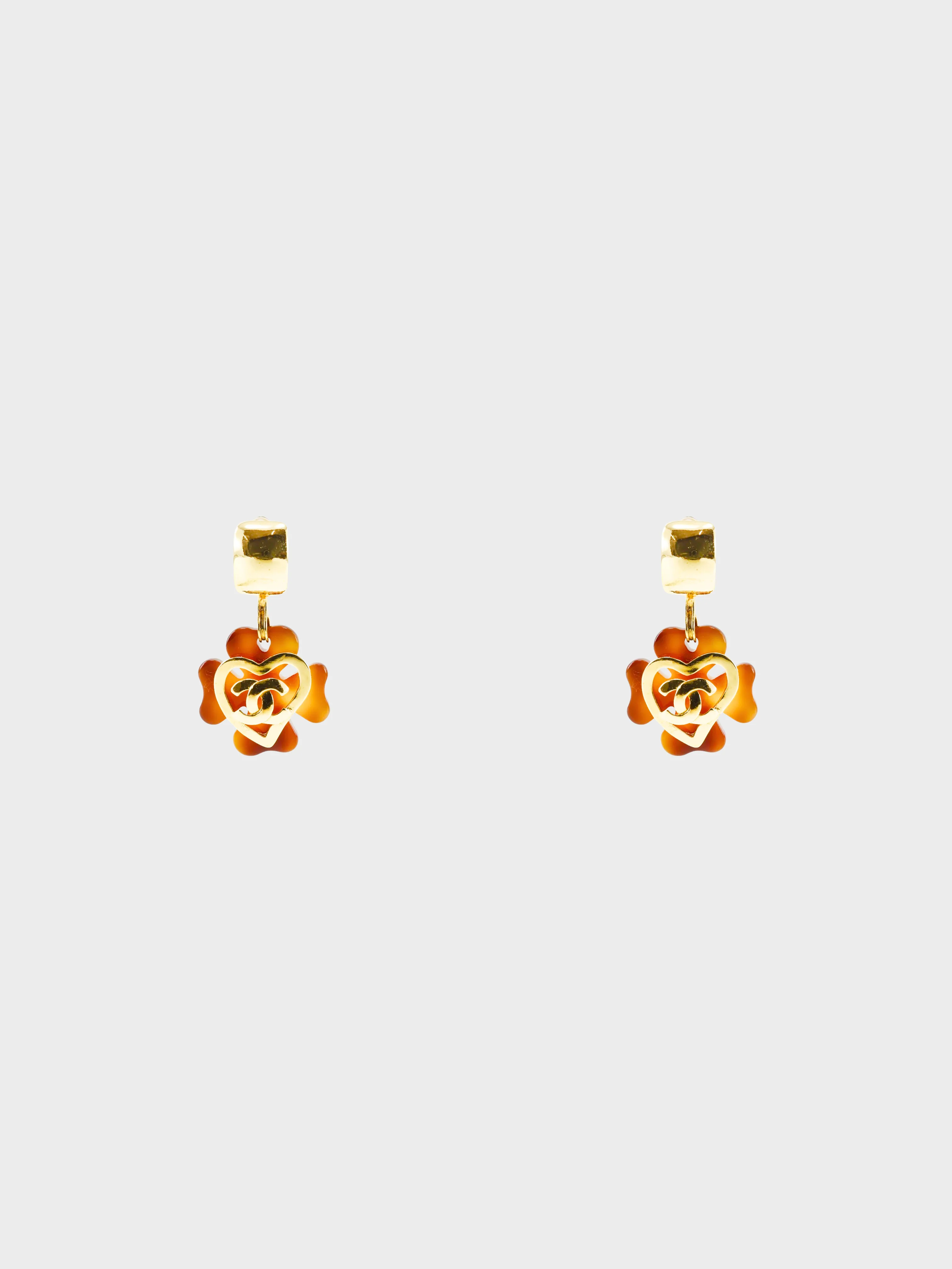 Chanel Spring 1995 Brown Coco Mark Tortoiseshell Clover Heart Clip-on Earrings