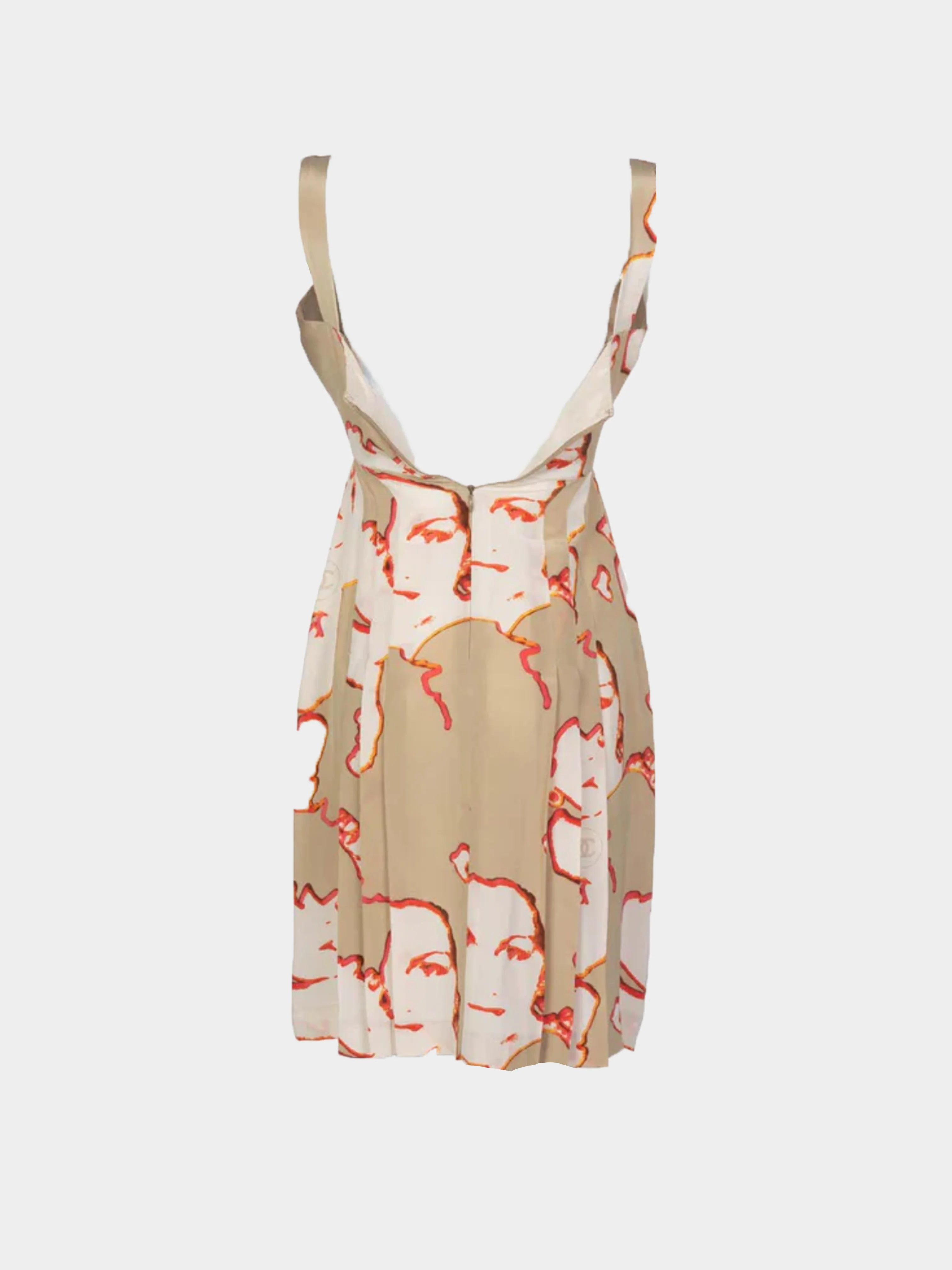 Chanel Spring 2000 Taupe Silk Sleeveless Faces Print Dress - Image 2