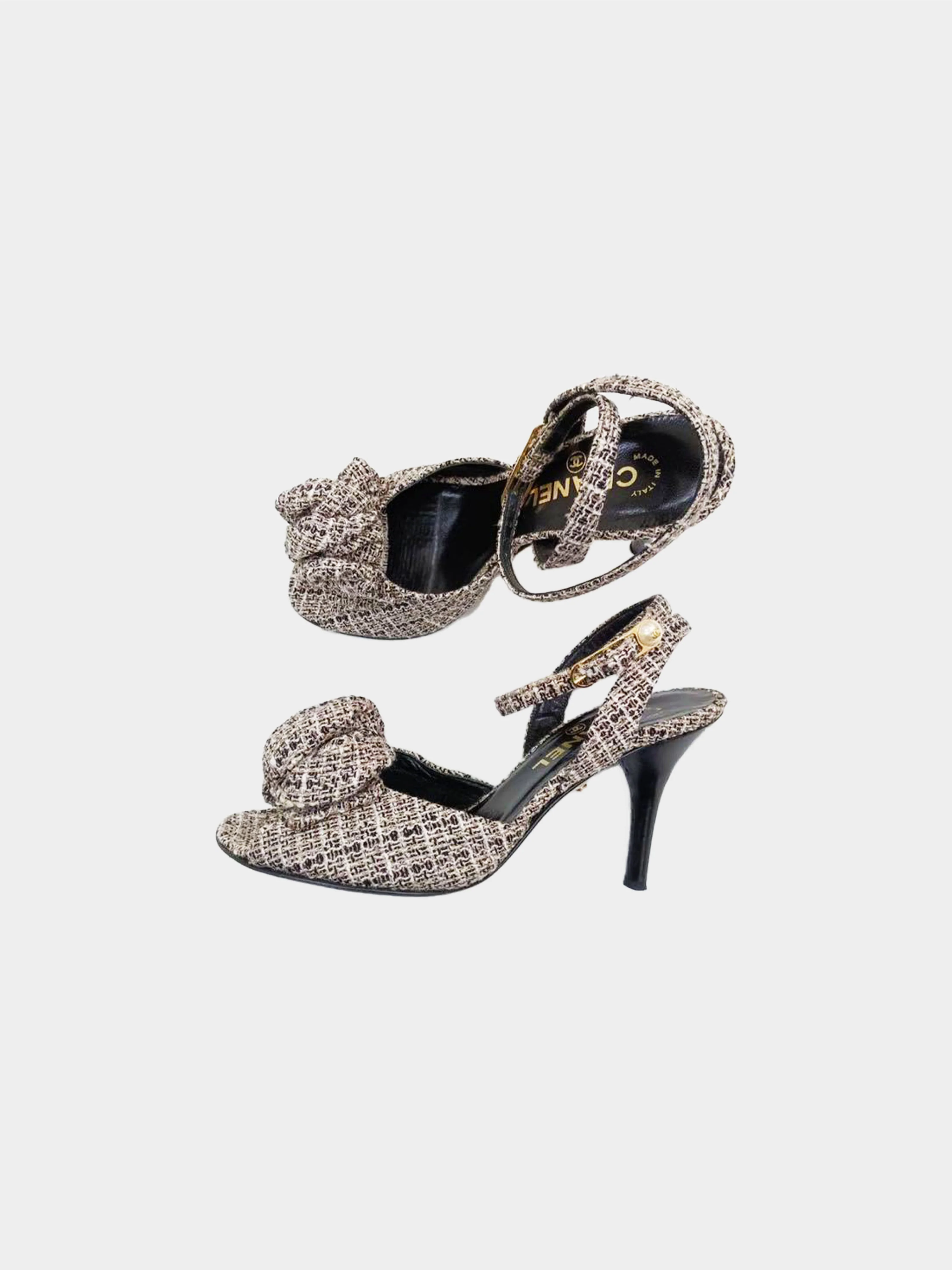 Chanel Spring 2003 Tweed Bow Ankle Strap Heeled Sandals - Image 2