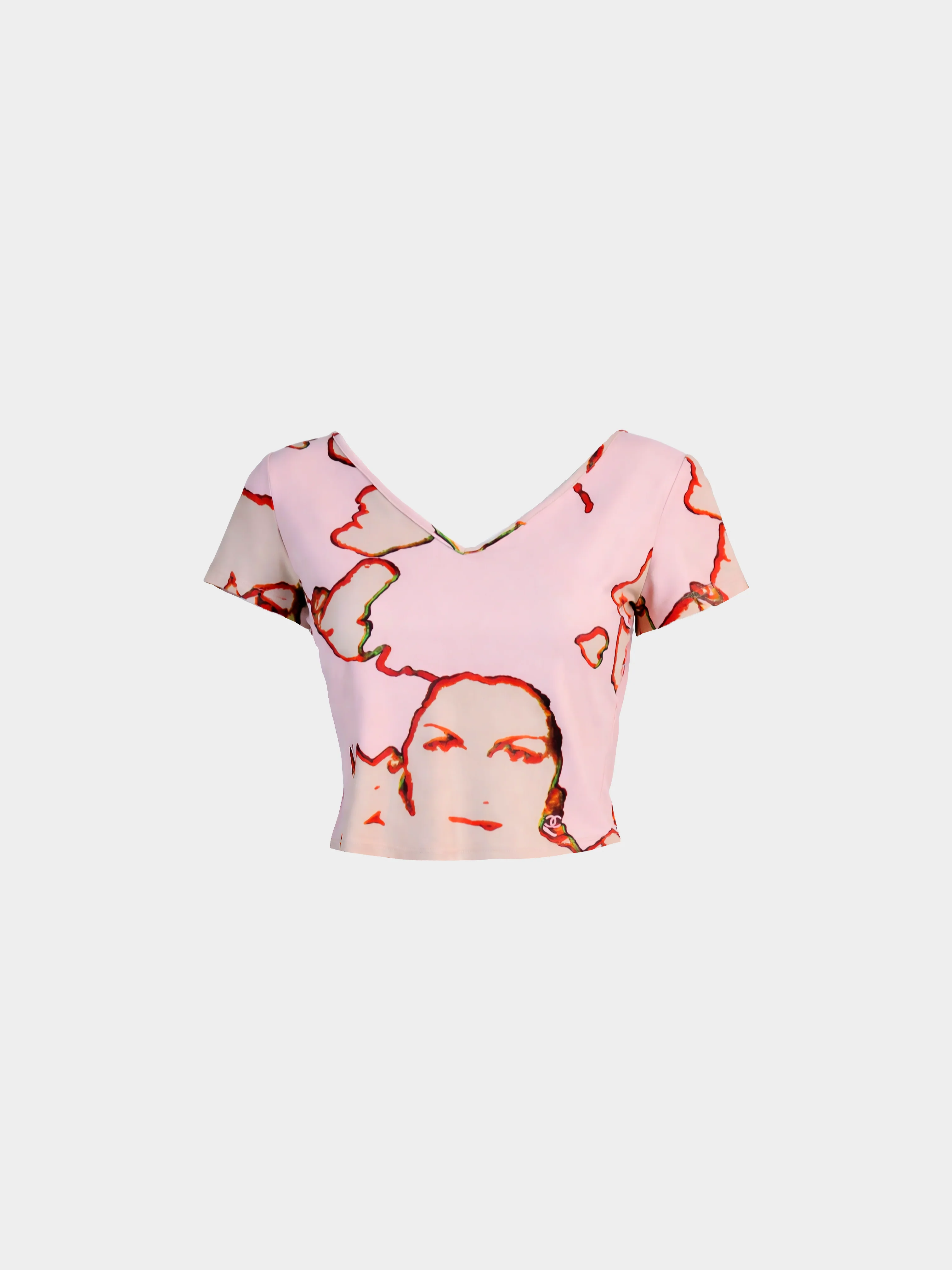 Chanel SS 2000 Pink Graphic Printed V-Neck Cropped Top