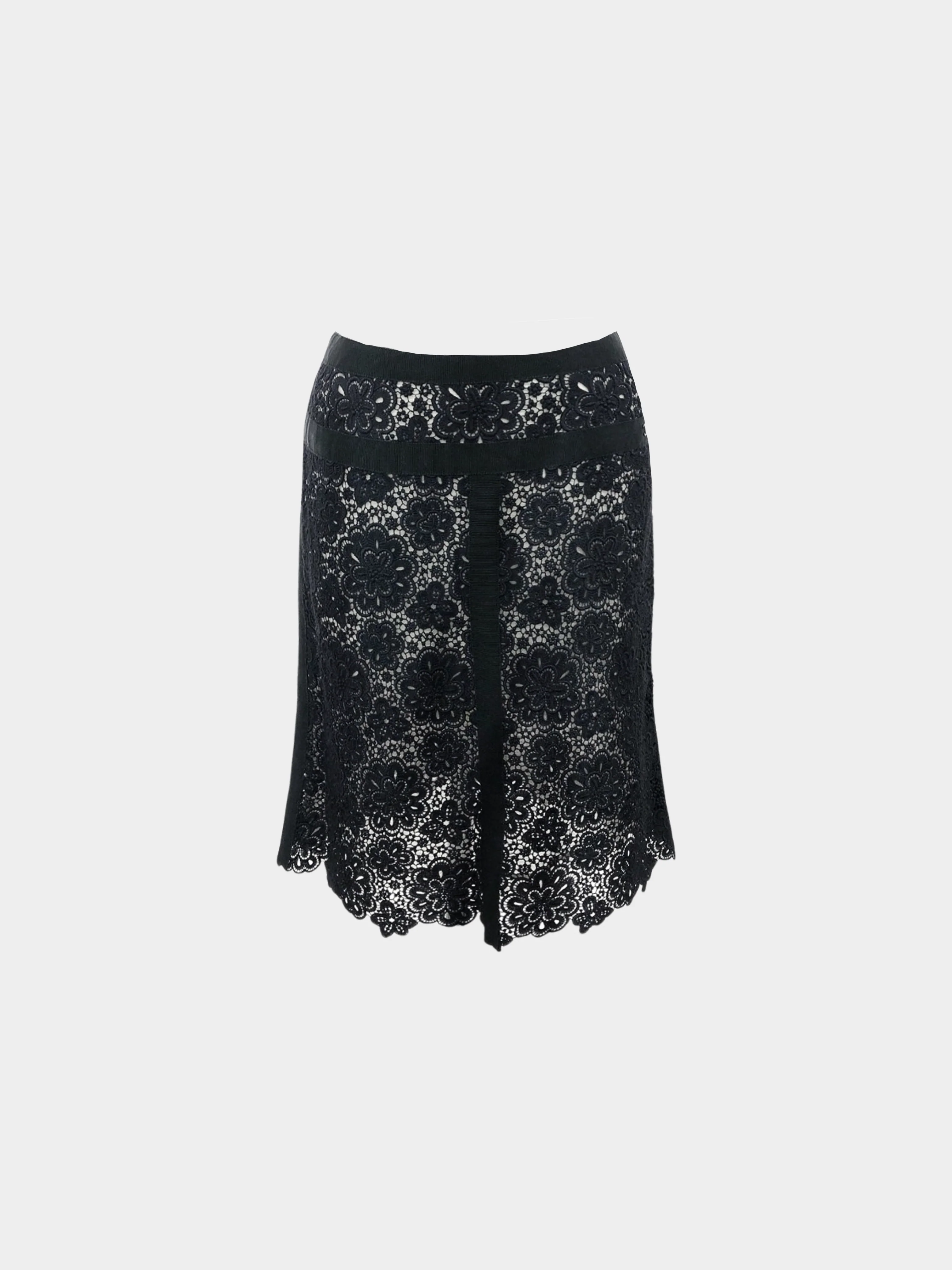 Chanel SS 2004 Black Floral Lace Midi Skirt