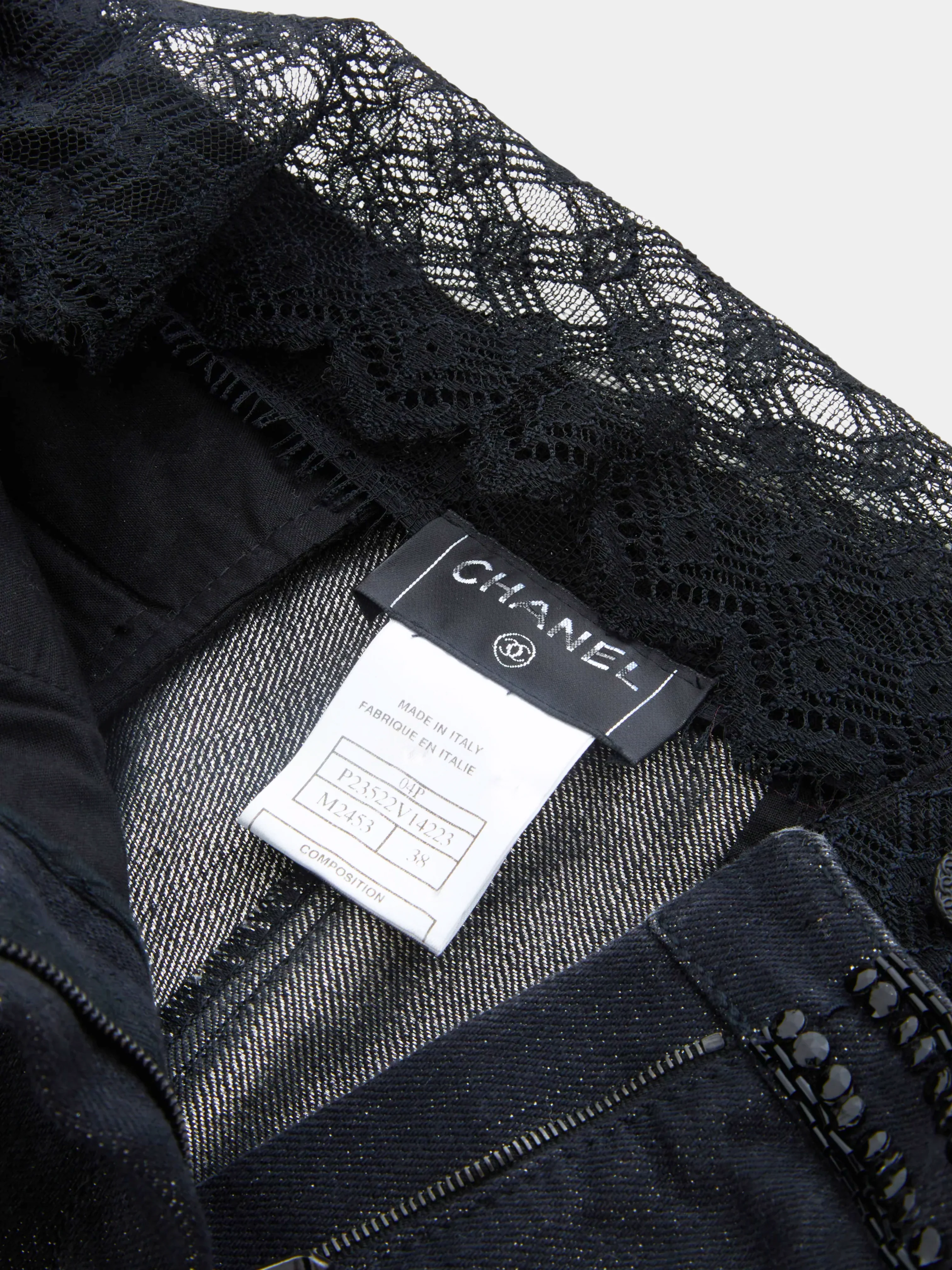 Chanel SS 2004 Blue embellished metallic gun metal & lace denim pants - Image 3