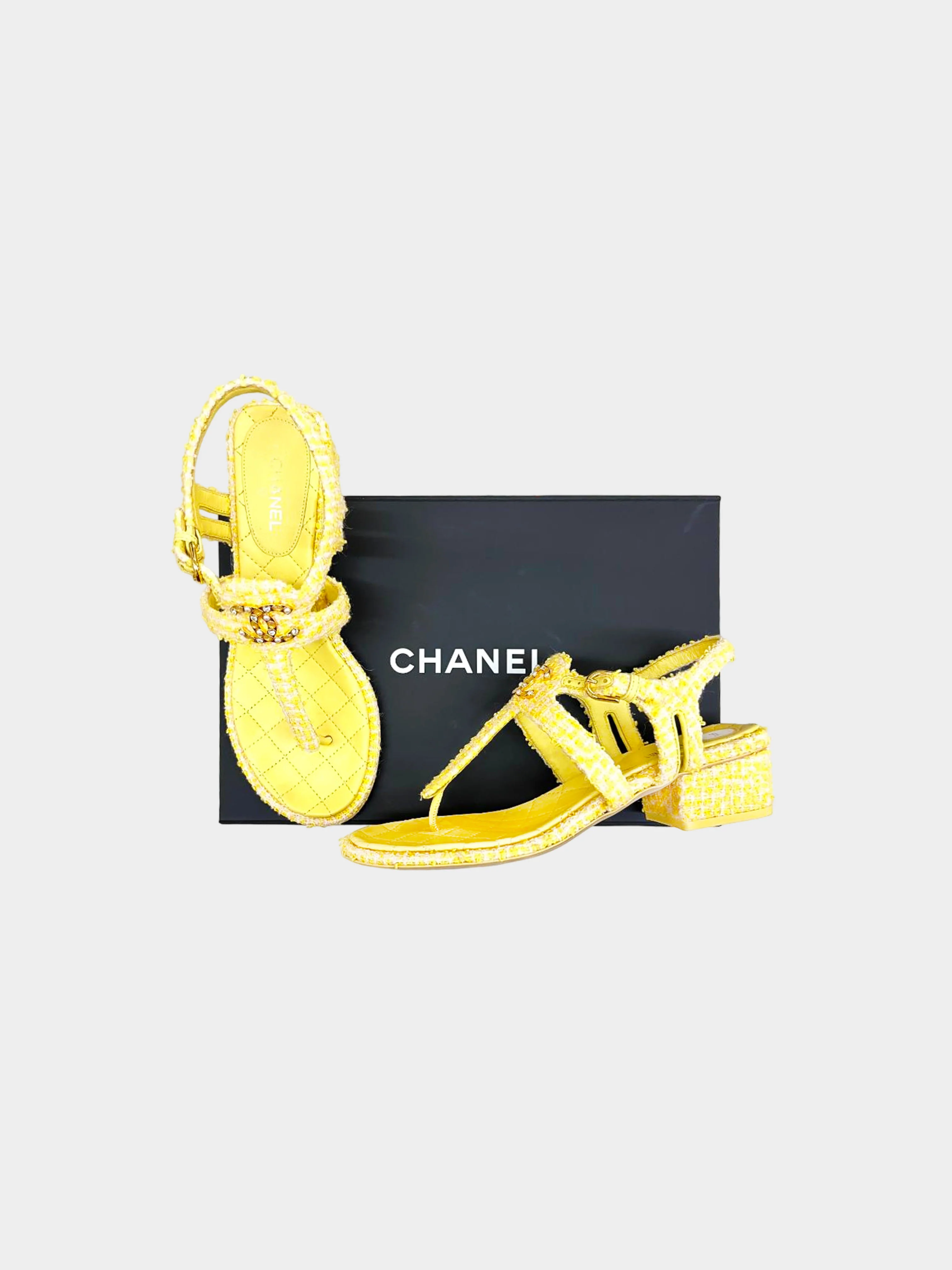 Chanel SS 2021 Yellow Tweed Sandals - Image 4